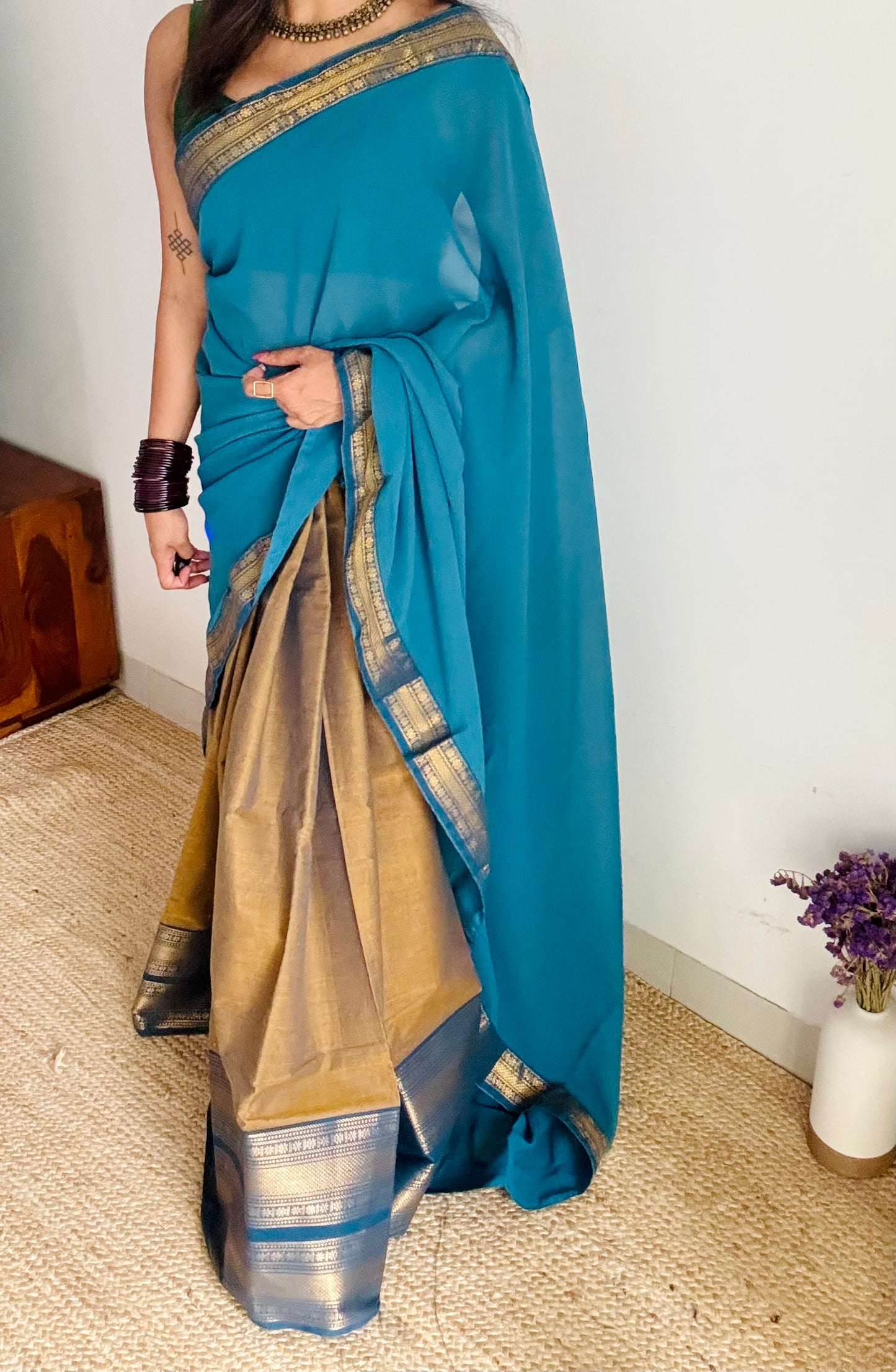 Mustard Brown - Blue unstitched half saree material (dhavani), kanchi cotton - YCIEHS206
