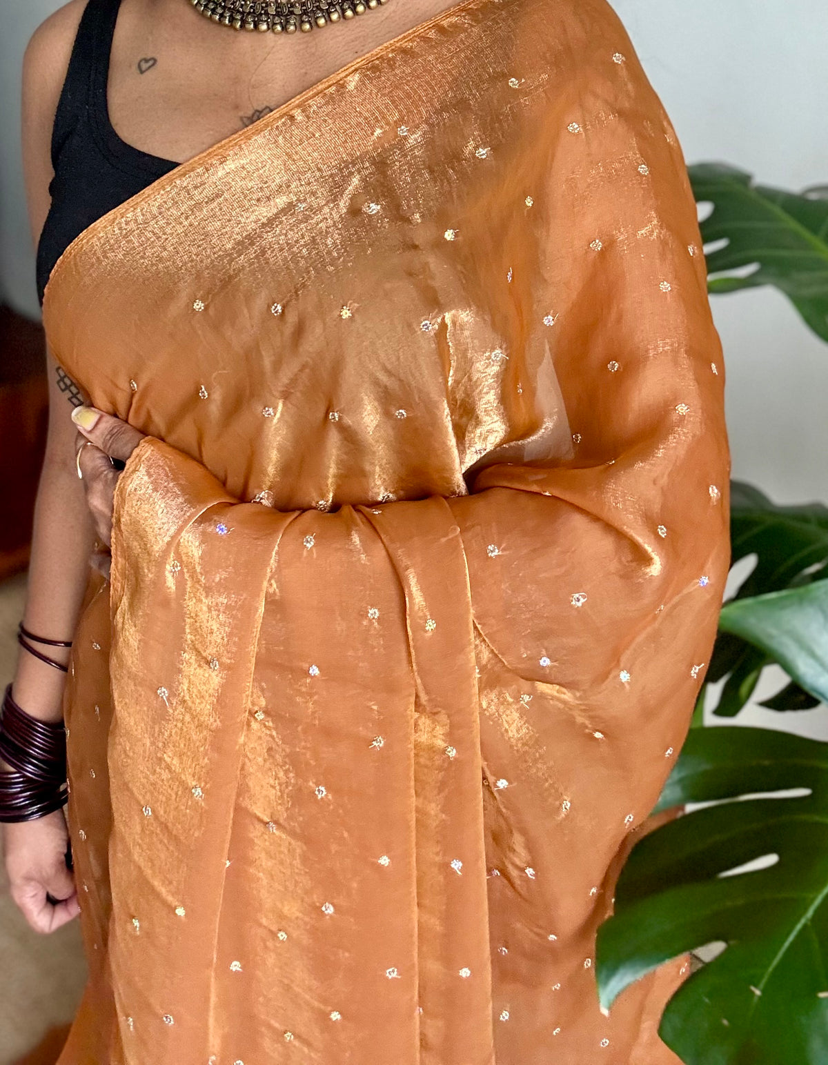 Metallic dual tone space silk saree, sandal gold with sequins - YCDOSOC47