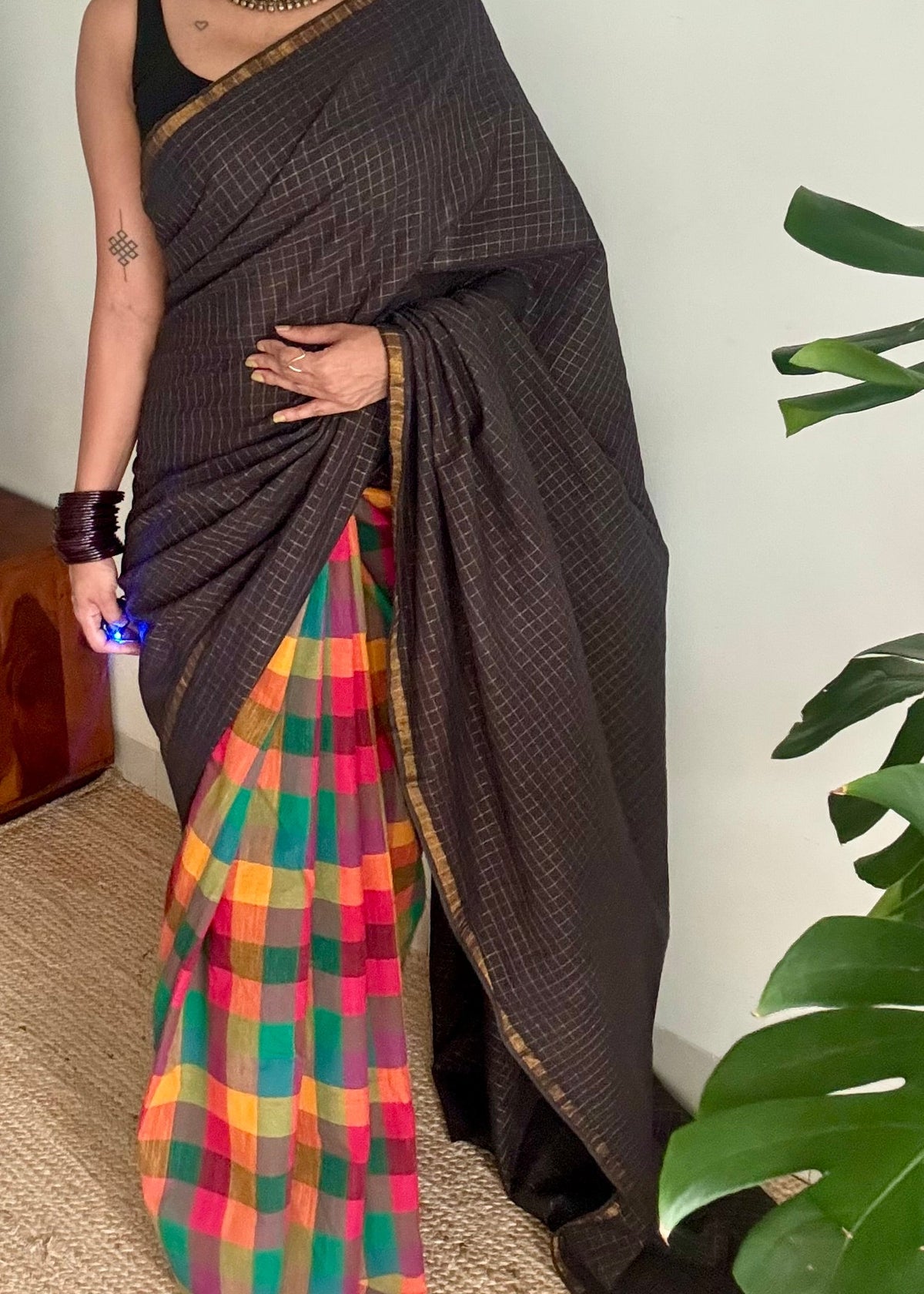 Black with multicoloured checks, cotton half-half saree - YCCOTNIDOC42