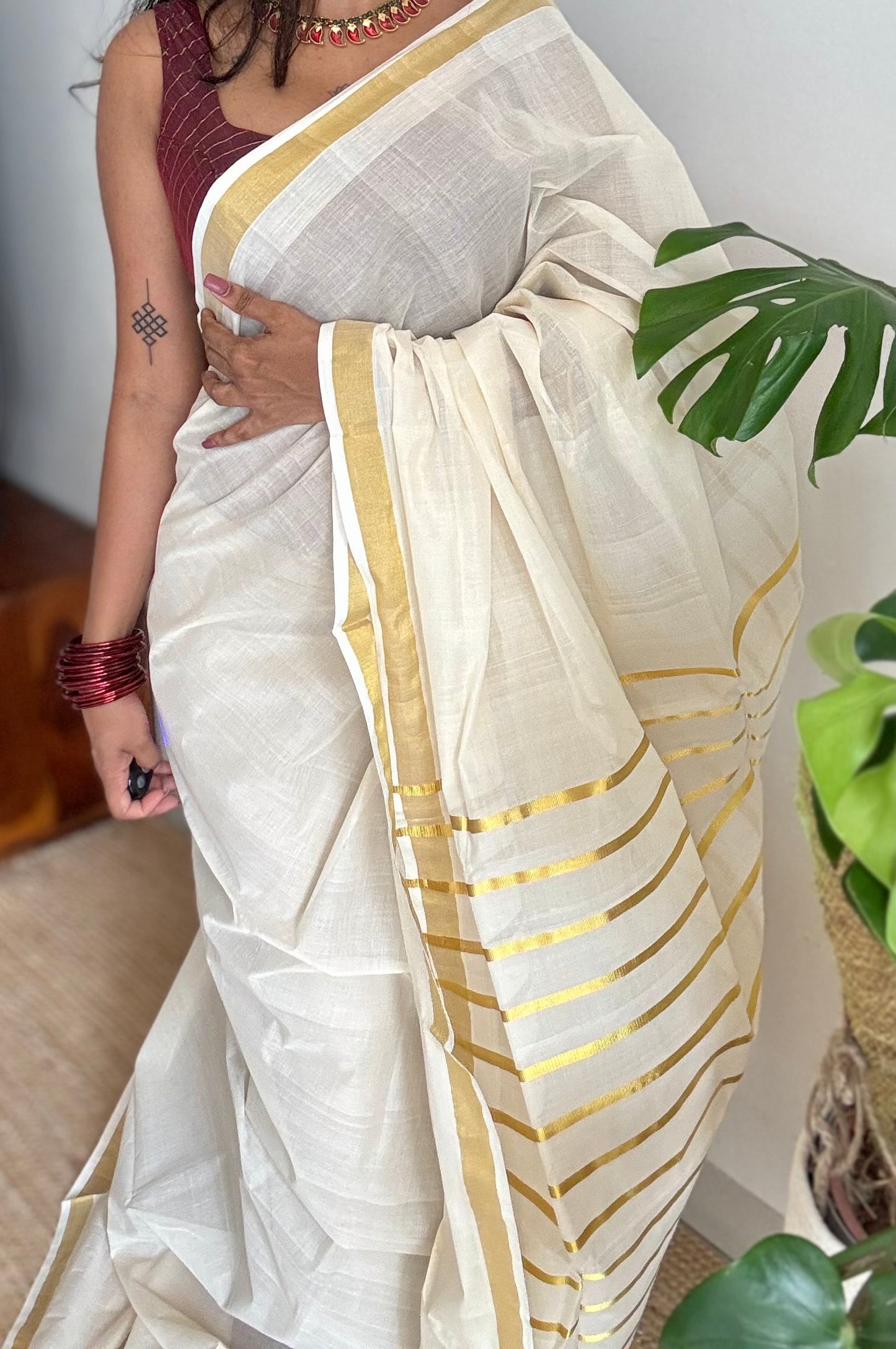 Handloom, woven in Chendamangalam Looms, ivory with gold striped pallu - YCIEON147