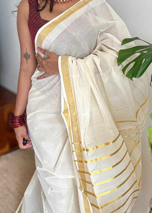 Handloom, woven in Chendamangalam Looms, ivory with gold striped pallu - YCIEON147