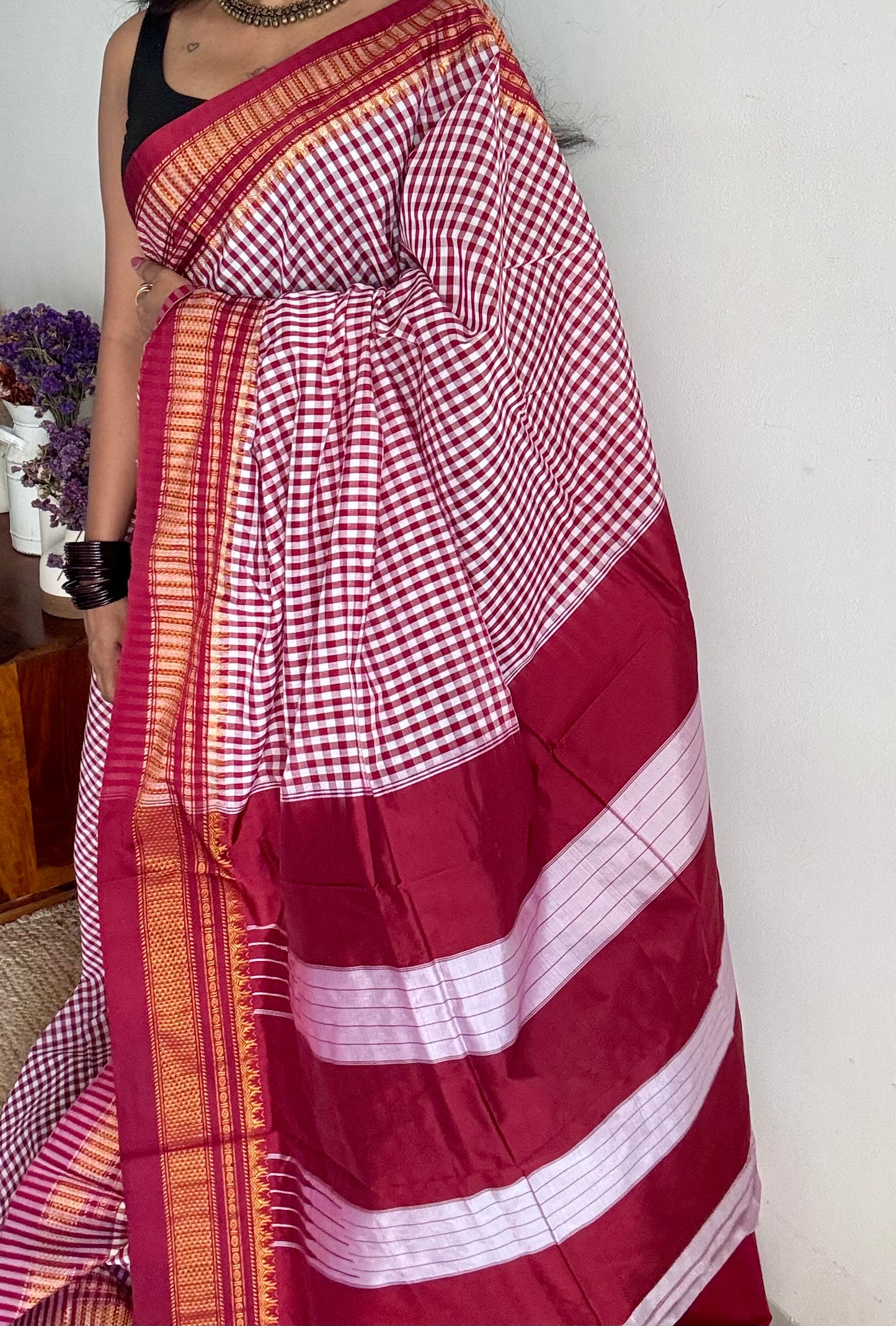 llkal maroon and white checks with chikki paras border, soft cotton with art silk blend - YCLOKICAP230