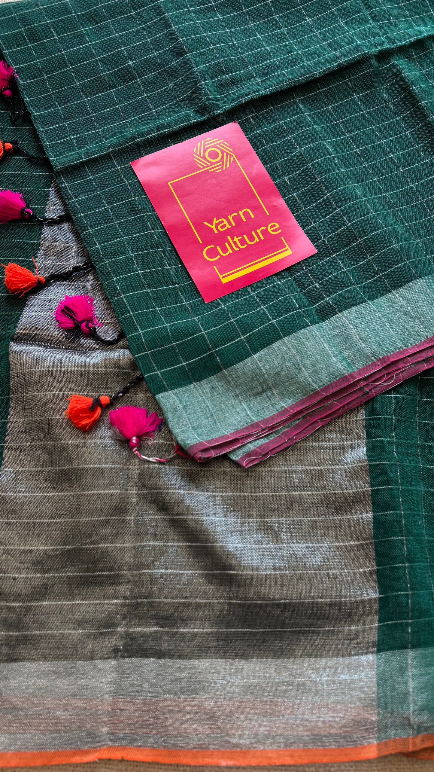 Green linen by cotton saree, silver checks & zari pallu - YCBCLCFE390