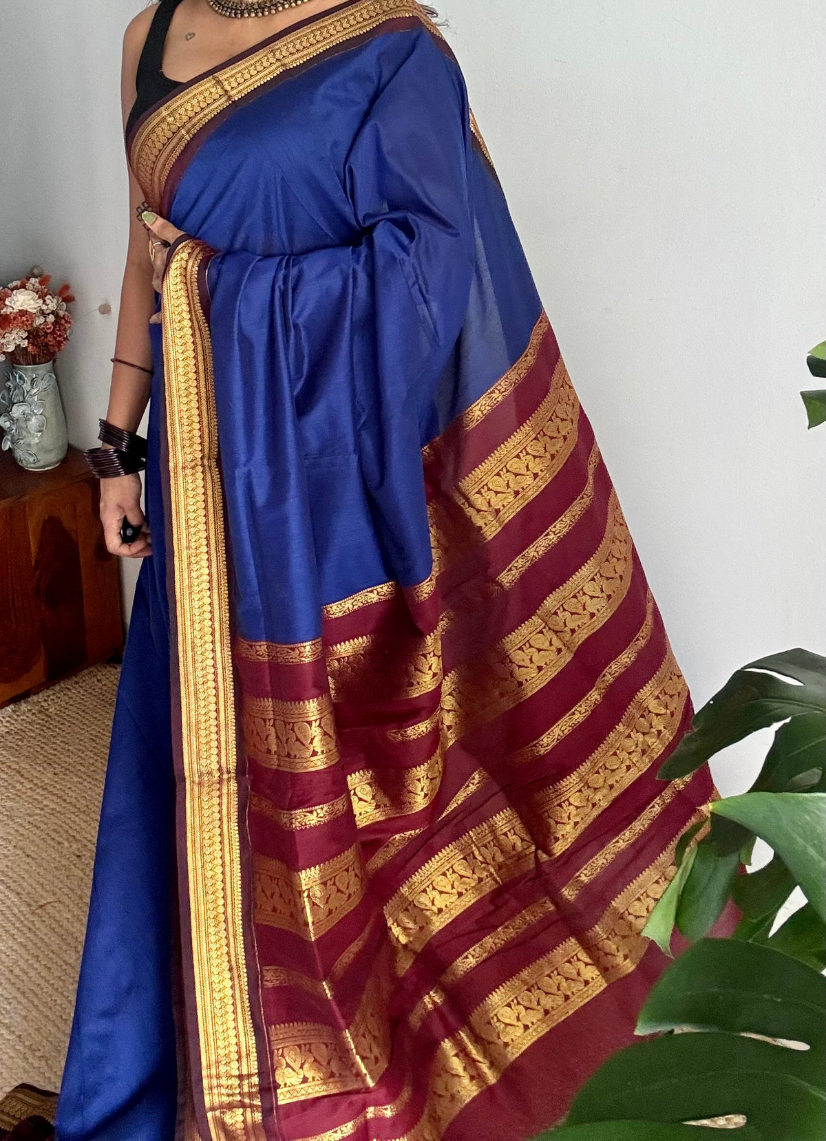 Royal blue with brown, cotton silk saree with zari border - YCCOTNKCOC106