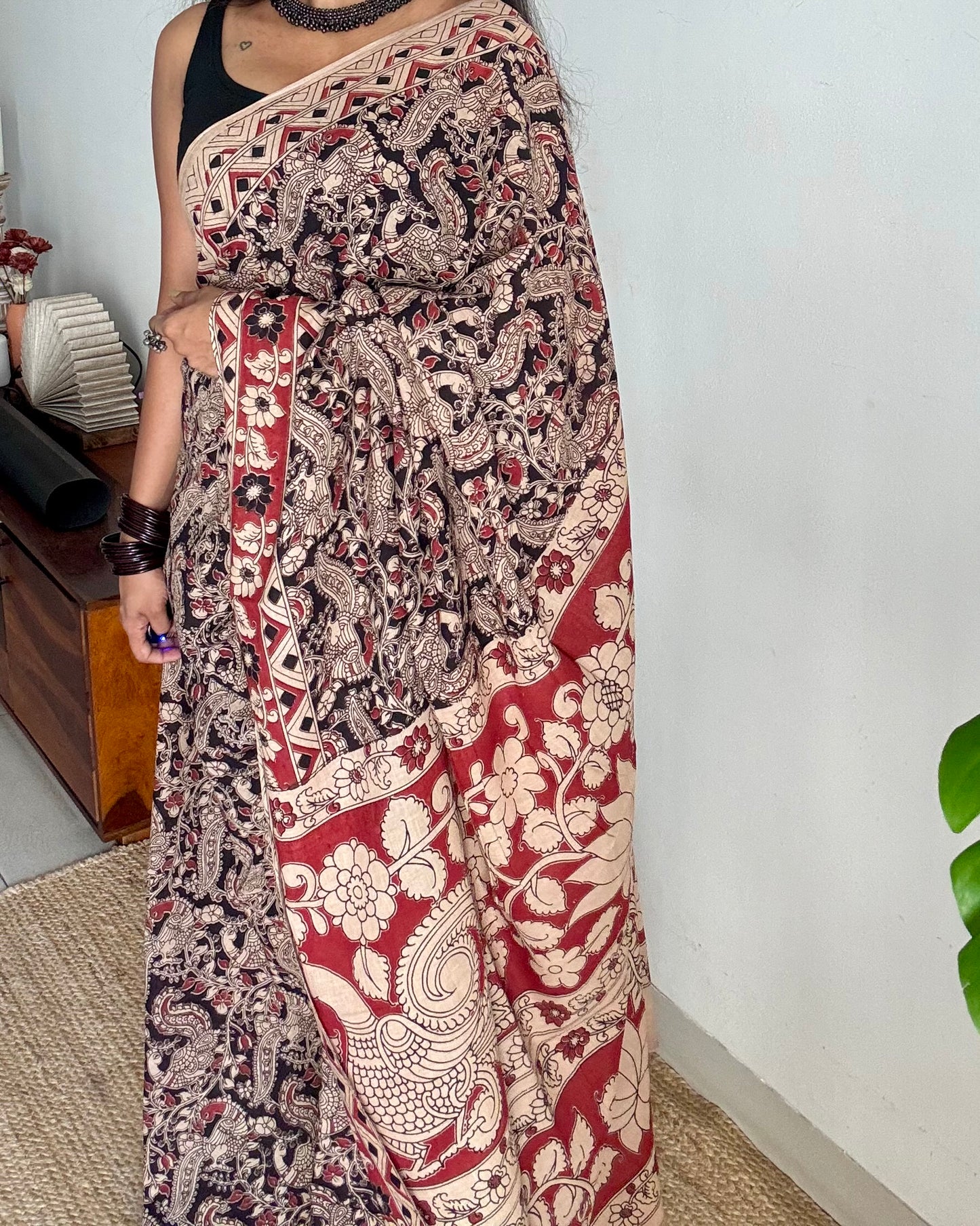 Black with red kalamkari saree, floral vines, soft cotton - YCWOTDMA352