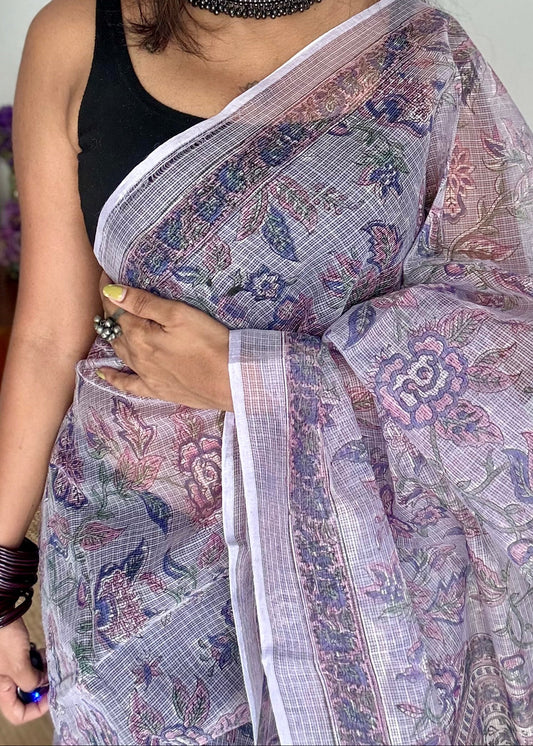 Phoolon Ki Chadar - soft lilac floral kota doria saree - YCTORKDAP04