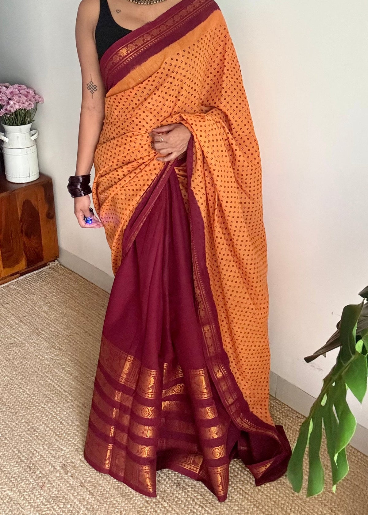 Light orange with maroon, sungudi and chettinad cotton half and half saree - YCCOTNIDOC131