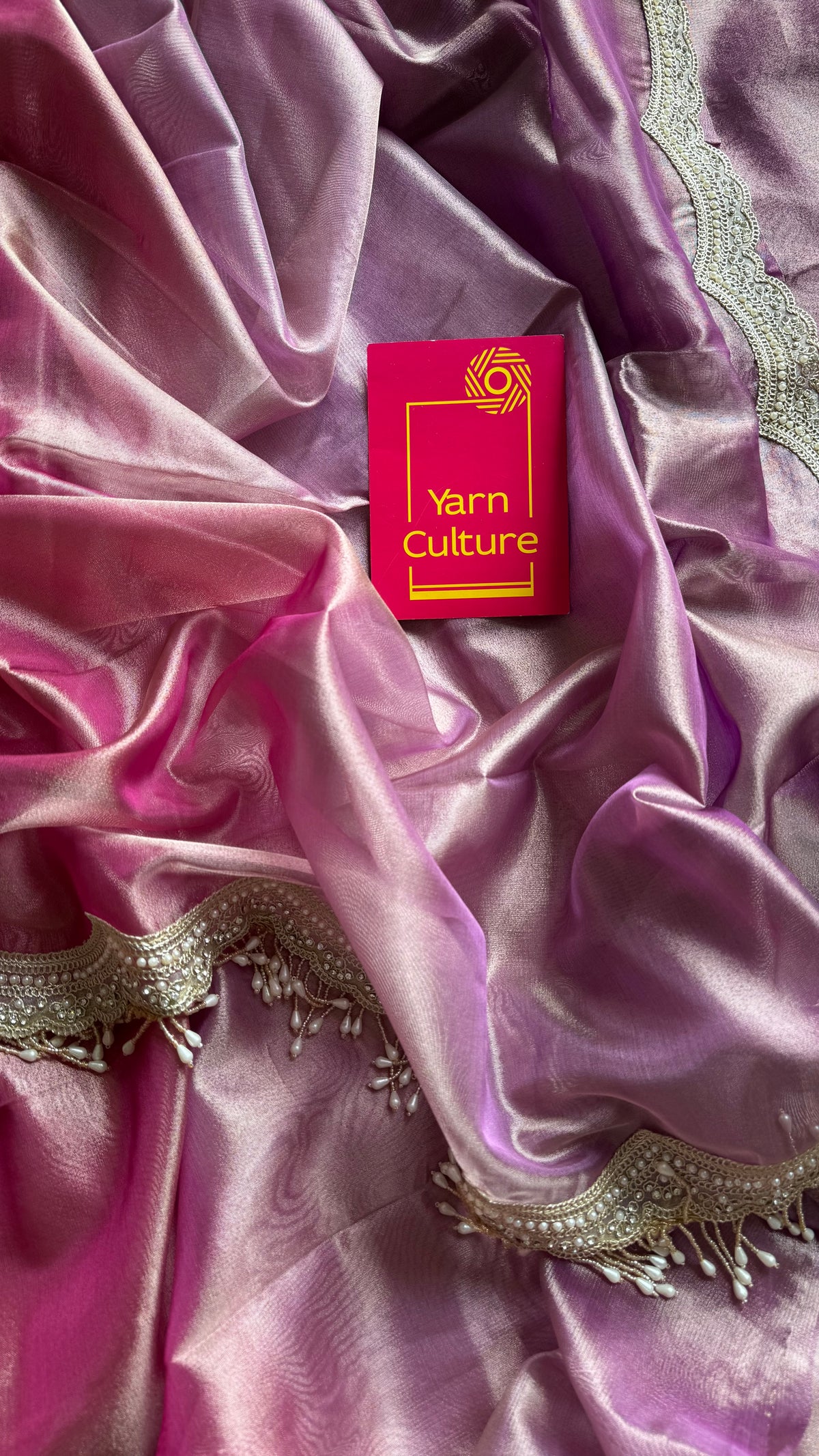 Pink and purple tissue Banarasi saree with embellished pearl lace border - YCBLTOC74