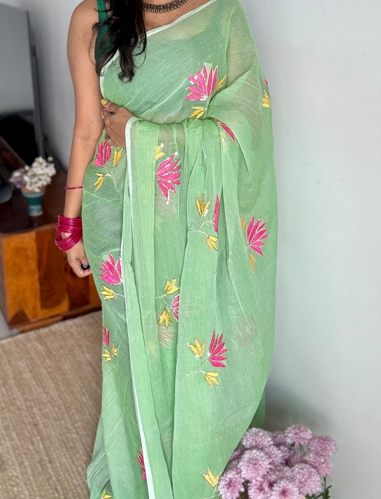 Mint green mul with lotus sequin embroidery - YCBCMCNO68