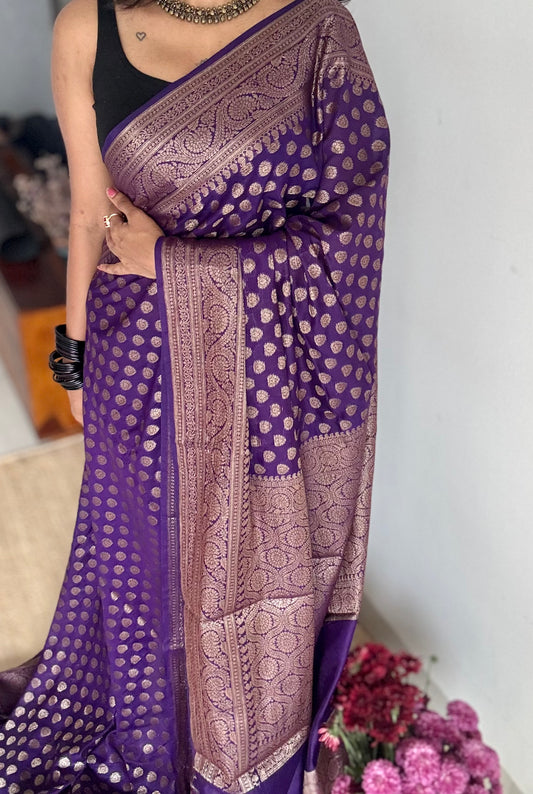Aubergine -  Dark purple, antique gold zari, Banarasi semi georgette - YCBLFEGAGZ12