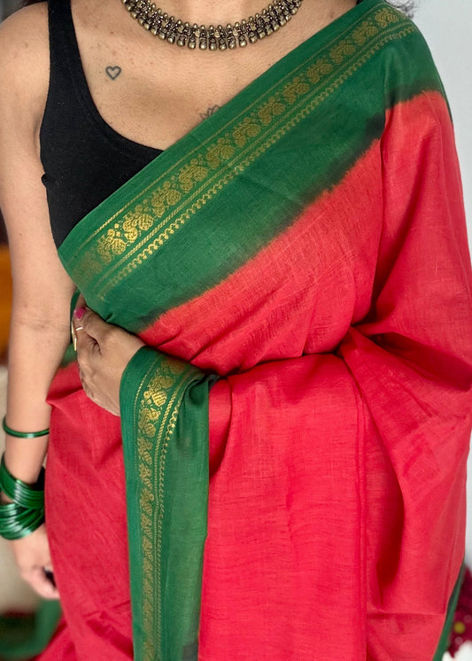 Red with green border sungudi, kattuchayam dyed, madurai cotton - YCCOTNSEMS101