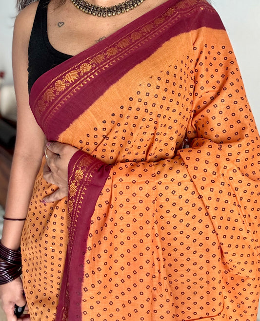 Light orange with maroon contrast, kattuchayam dyed madurai cotton saree - YCCOTNMA249