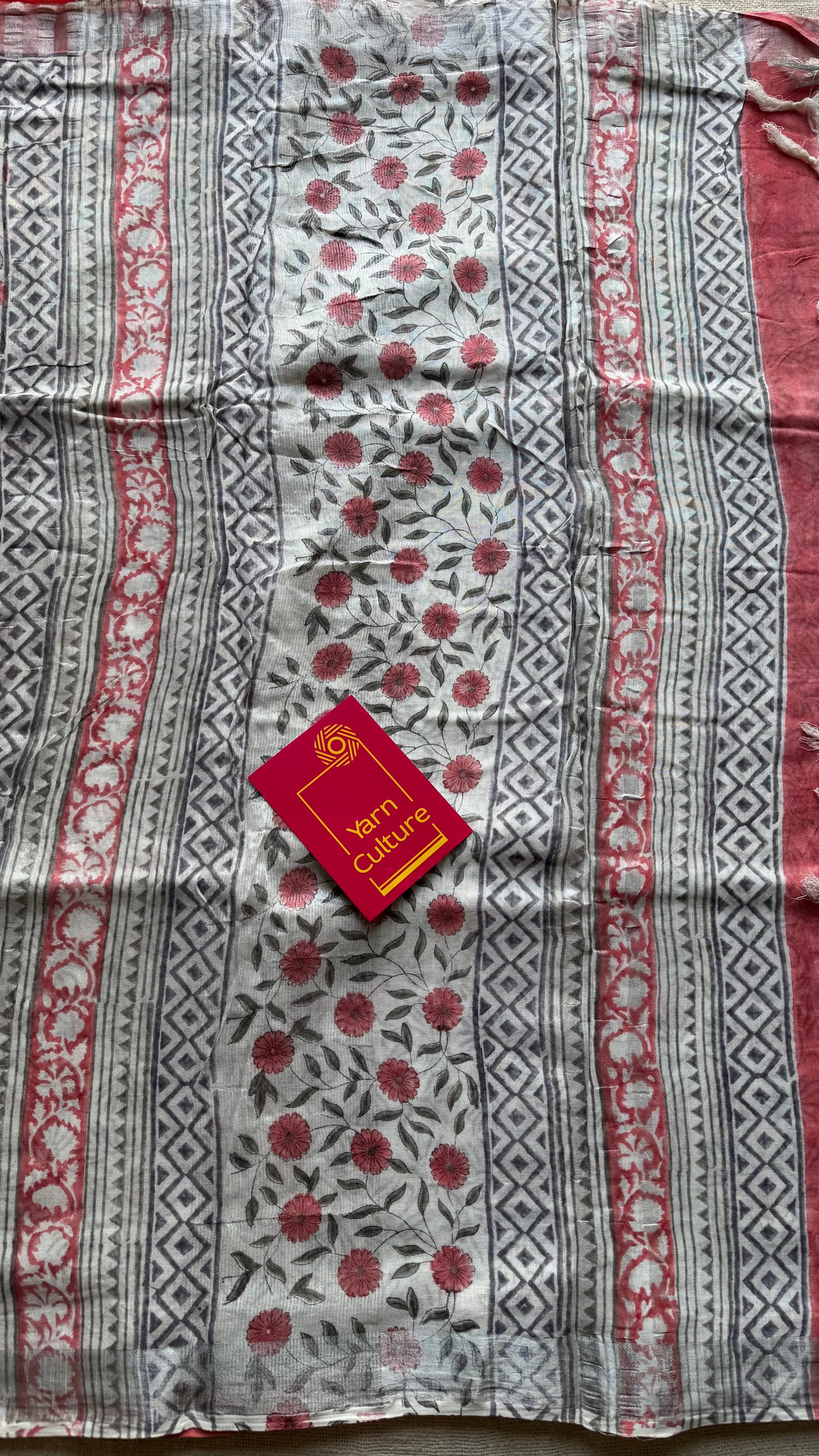 White linen, peach floral motif, silver zari border - YCTOROCBP59