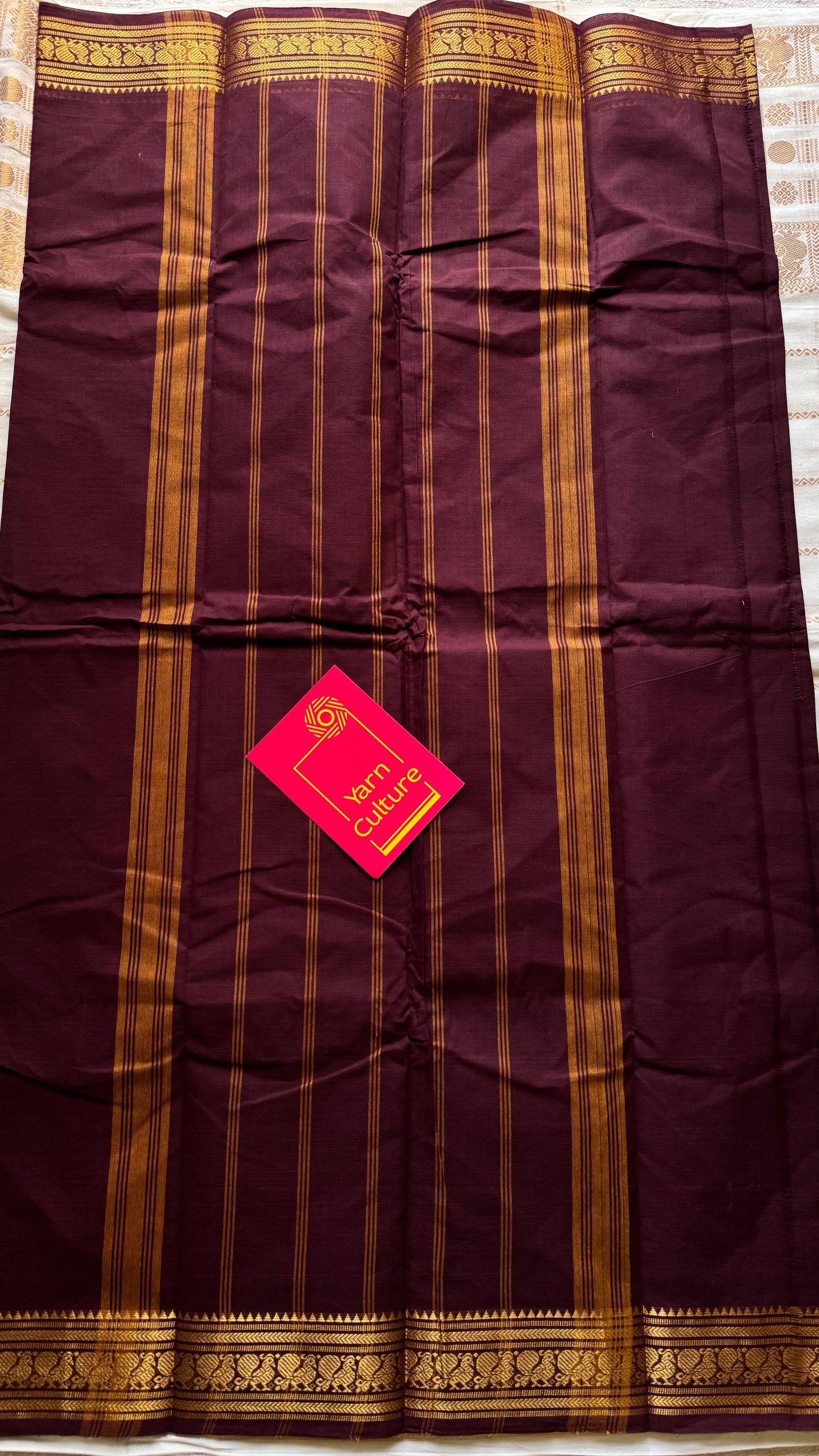 Chettinad cotton saree in maroon with thin peacock zari motif border - YCCOTNJUCC10