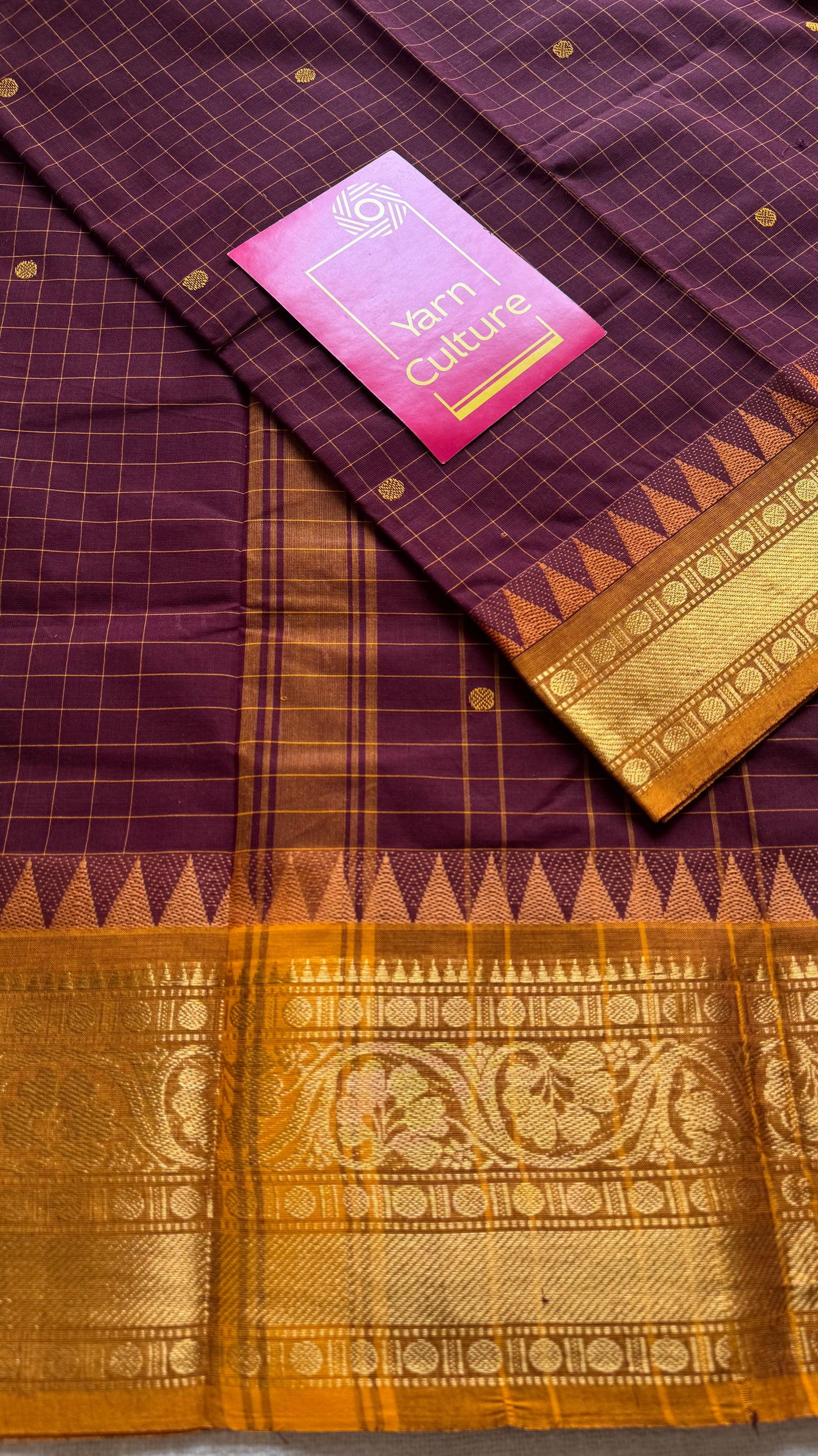 Kanchi cotton saree, maroon checks with yellow temple motif border - YCCOTNAP79