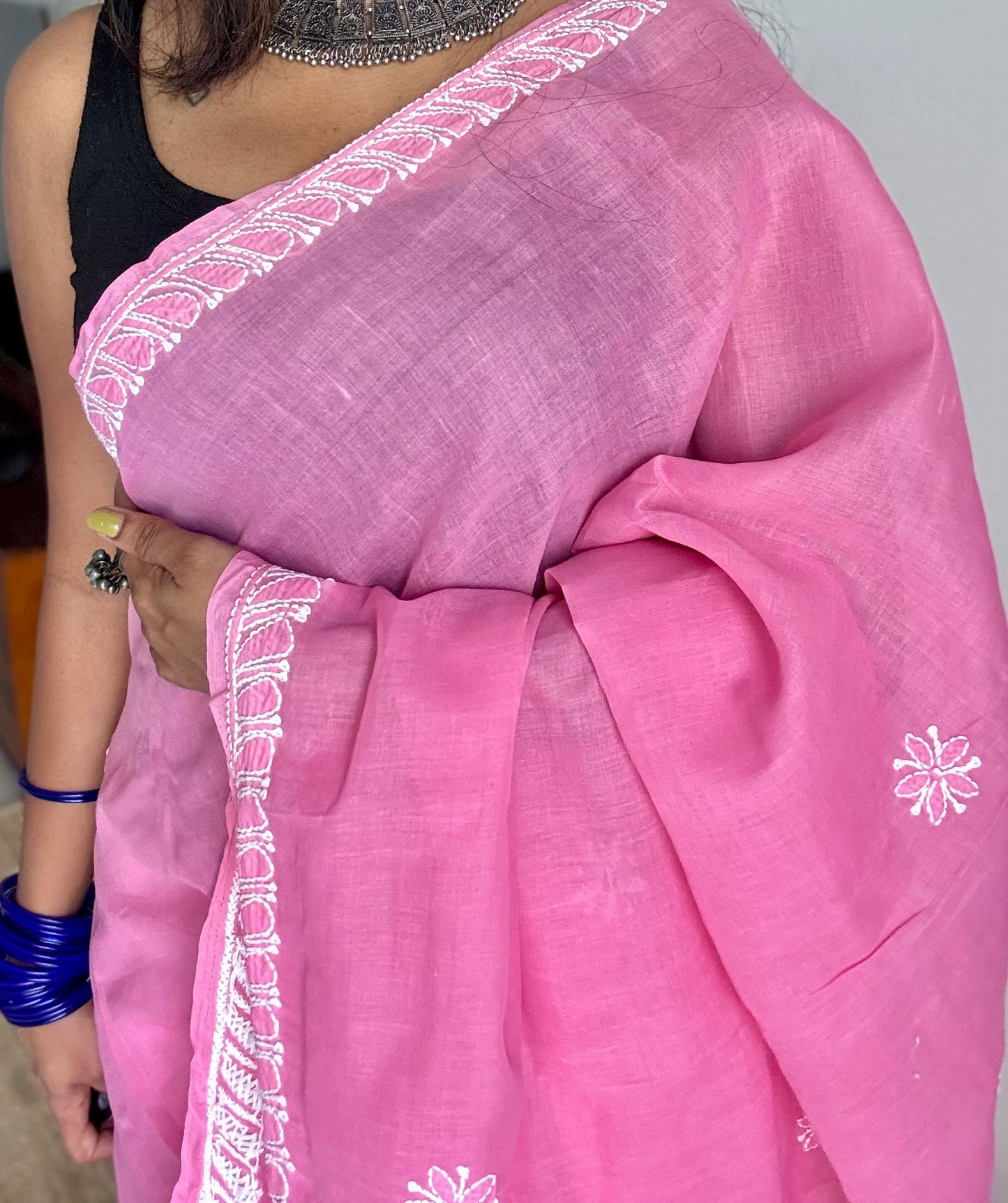 Zehra - persian pink hand-embroidered chikankari cotton saree - YCLCKFE421