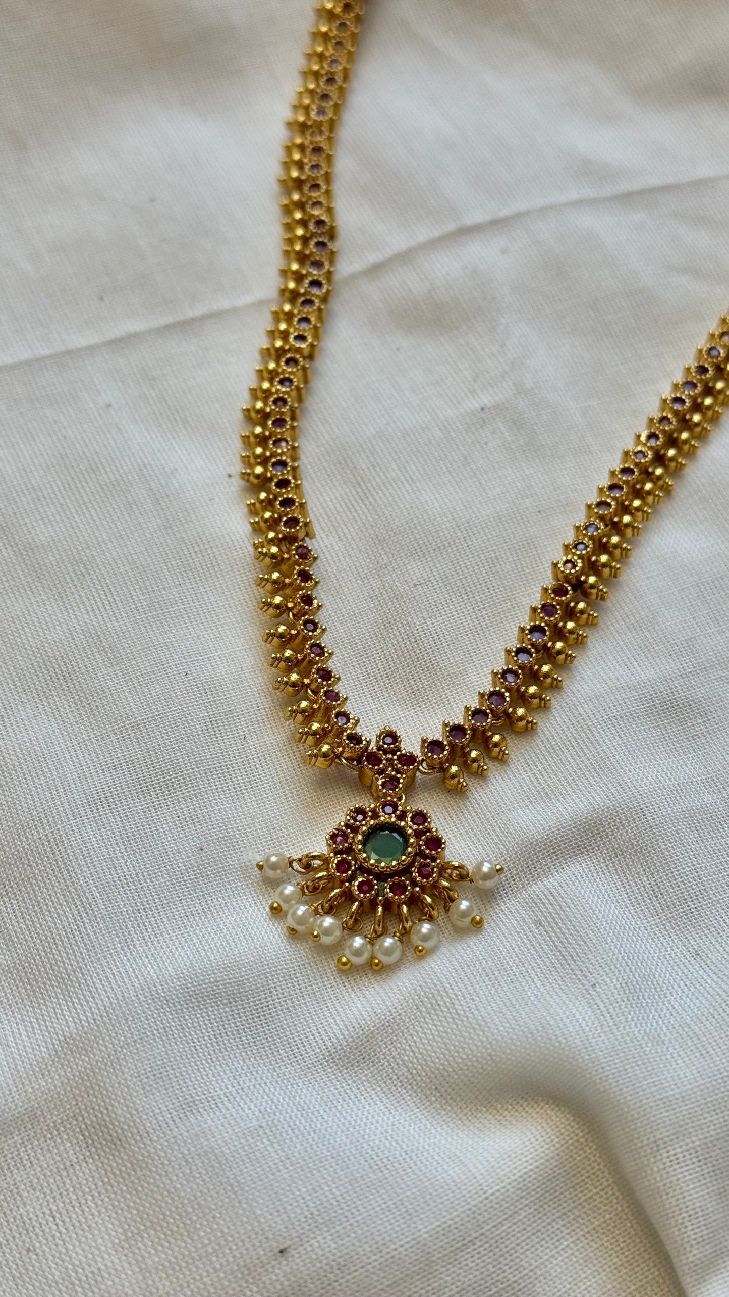 Long traditional kemp neckpiece with ruby & green stones, with earrings - YCGPNP678