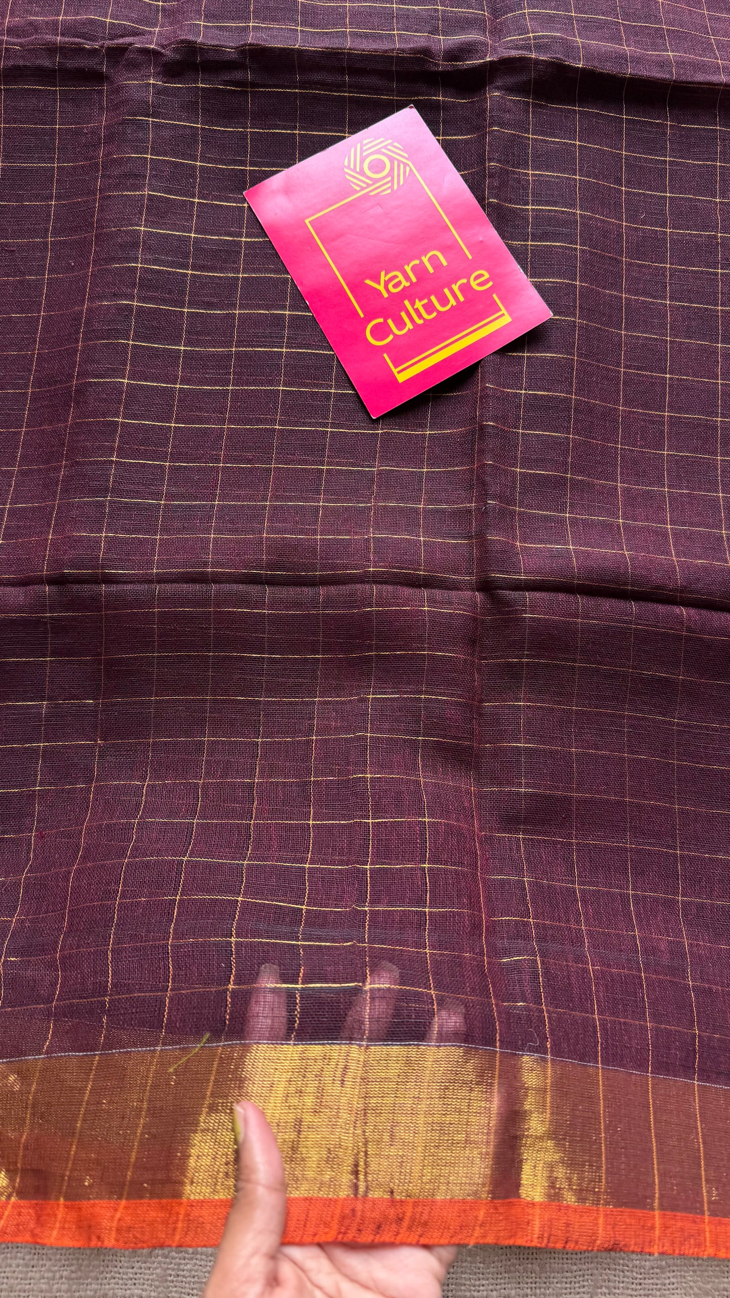 Brown linen by cotton saree, gold checks & copper zari pallu - YCBCLCFE394