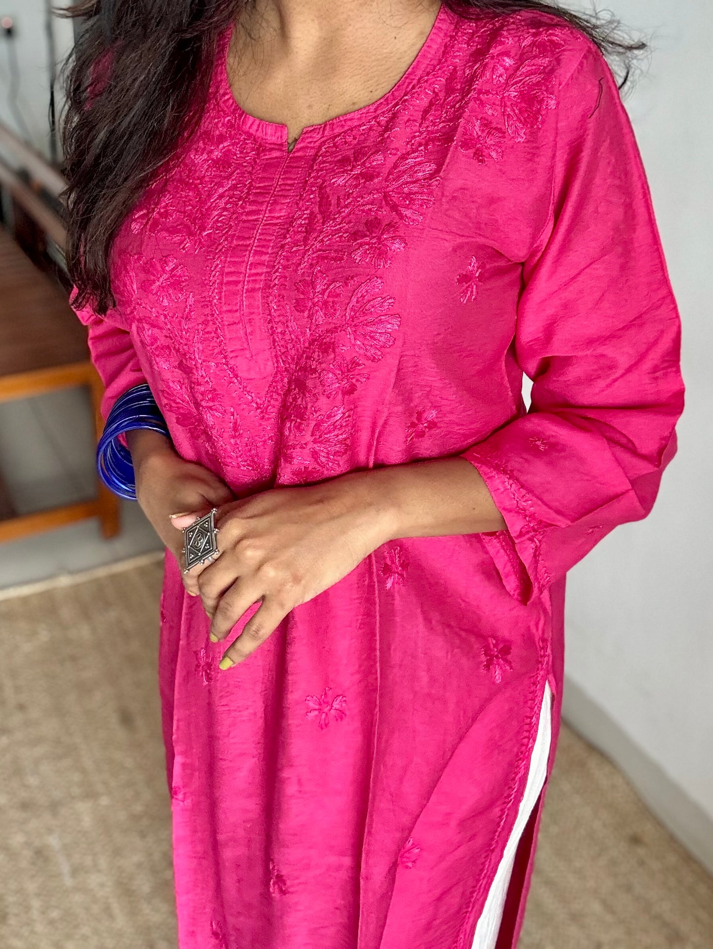 Hot pink chanderi chikankari with ghas patti work, stitched kurta, round neck, three fourth sleeves - YCSECK09