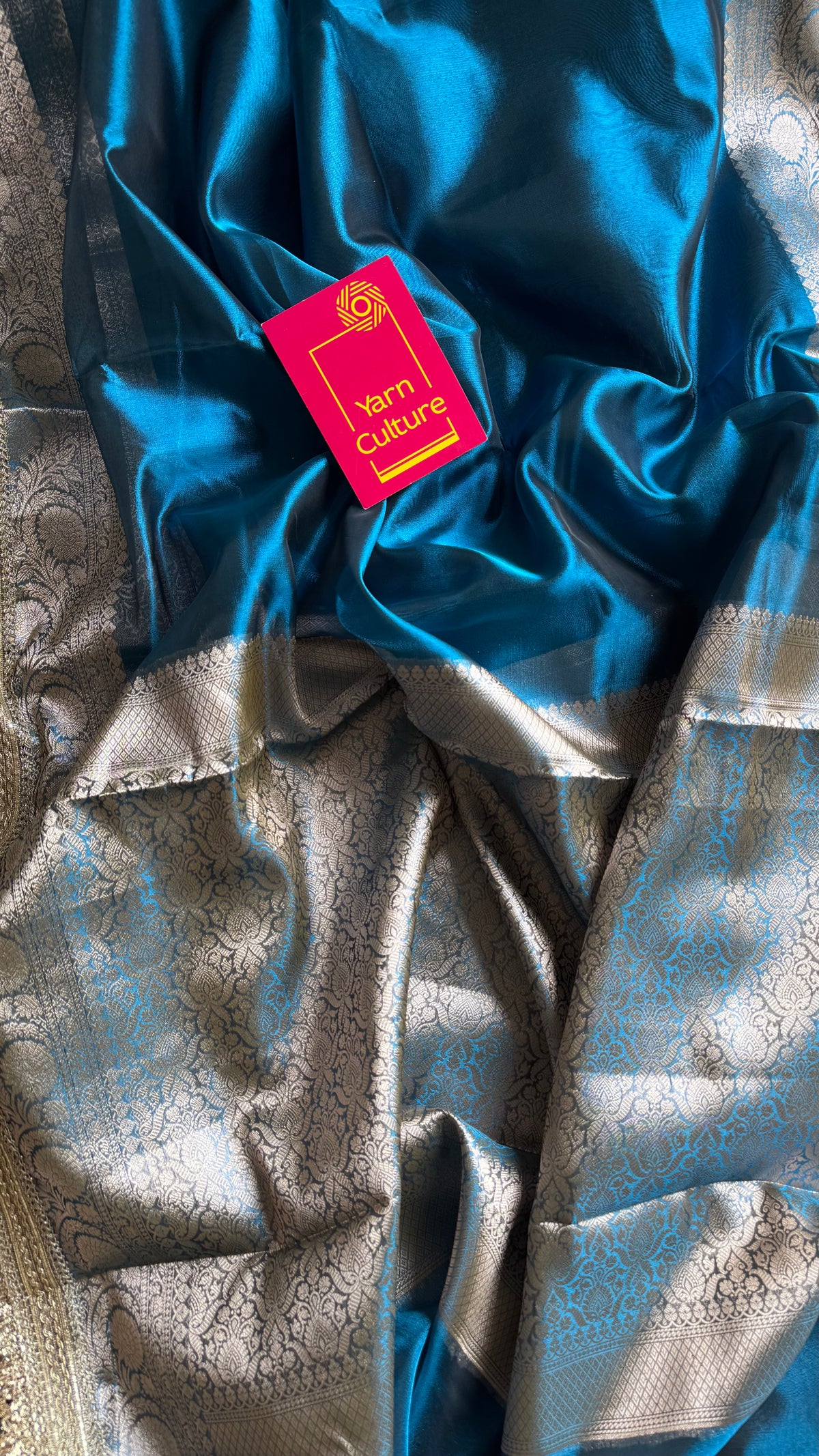 Peacock blue tissue Banarasi saree with embellished gold lace border - YCBLTOC77
