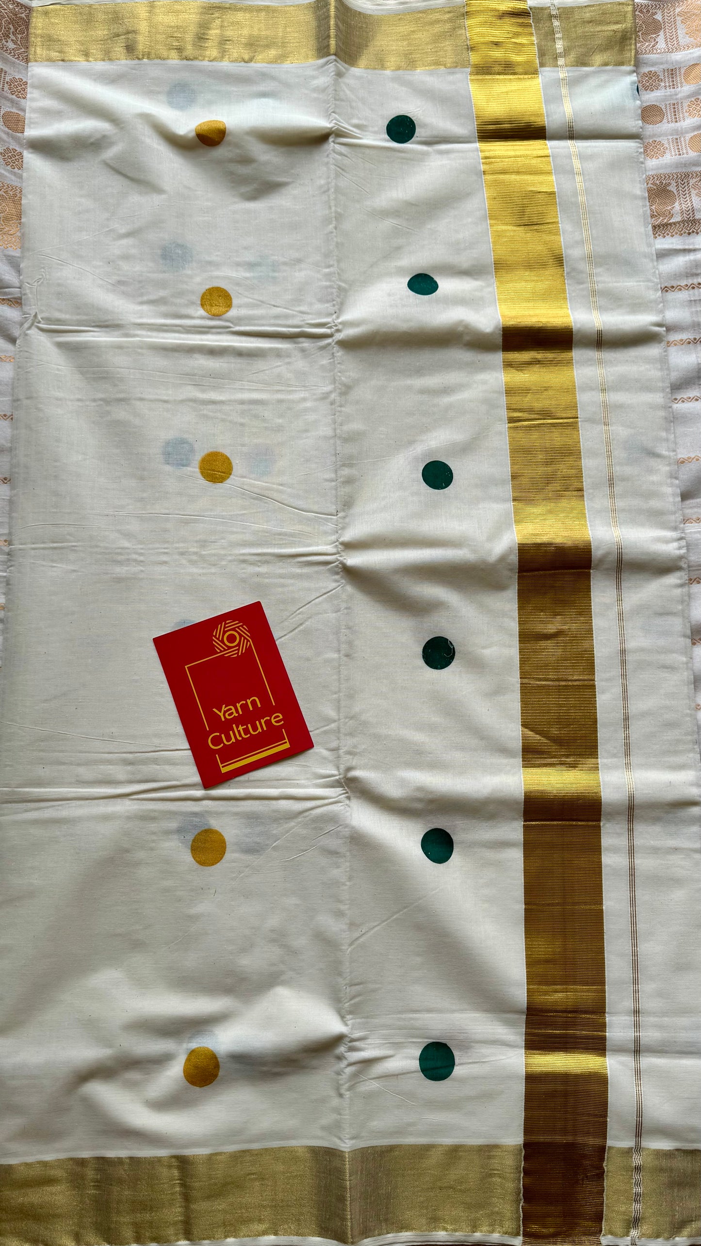 Ivory and gold soft cotton kasavu saree, dark green and yellow polka - YCIEON71