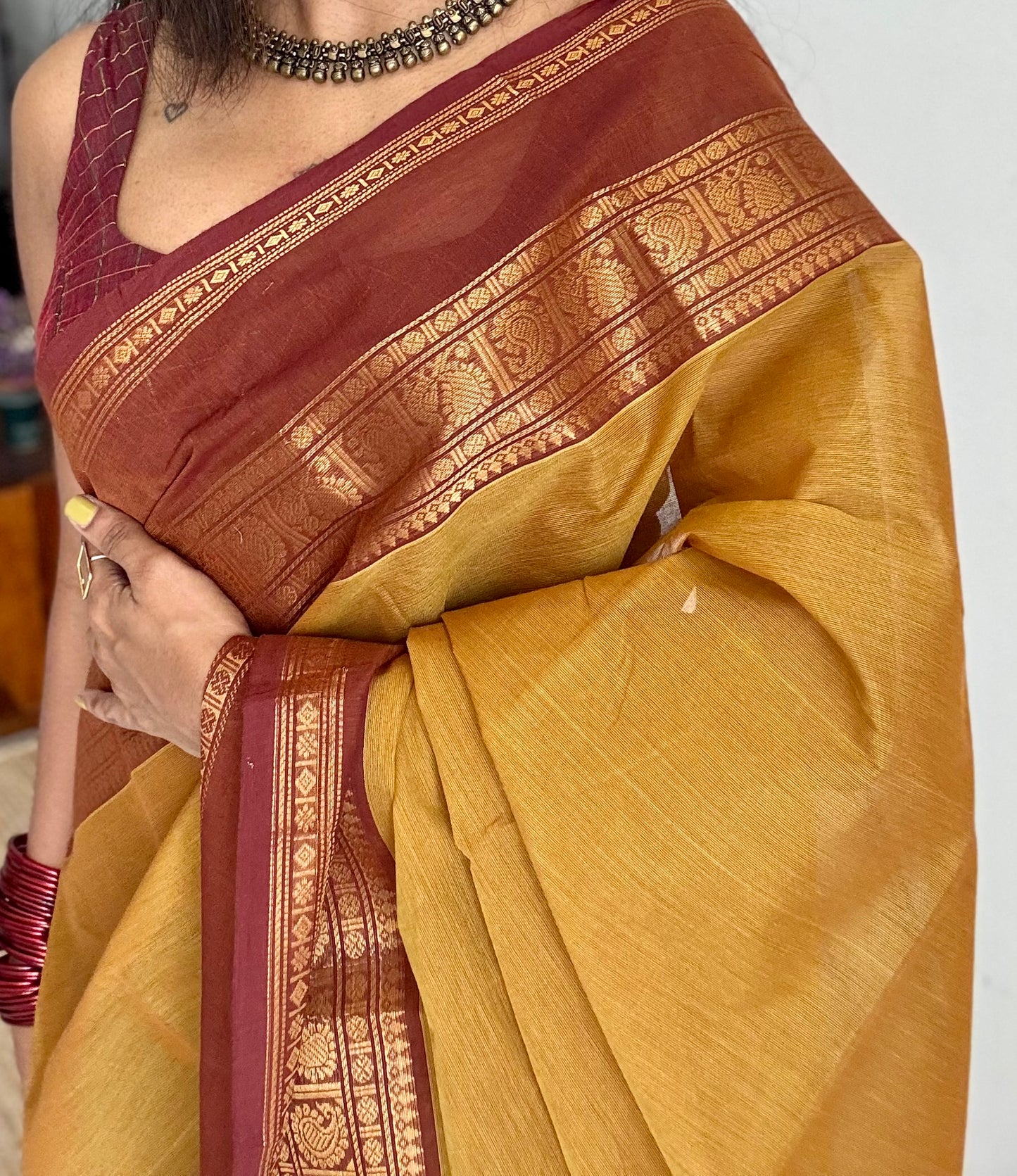 Ginger yellow with brown Chettinad cotton saree with rettaipettu peacock border - YCCOTNCCFE158