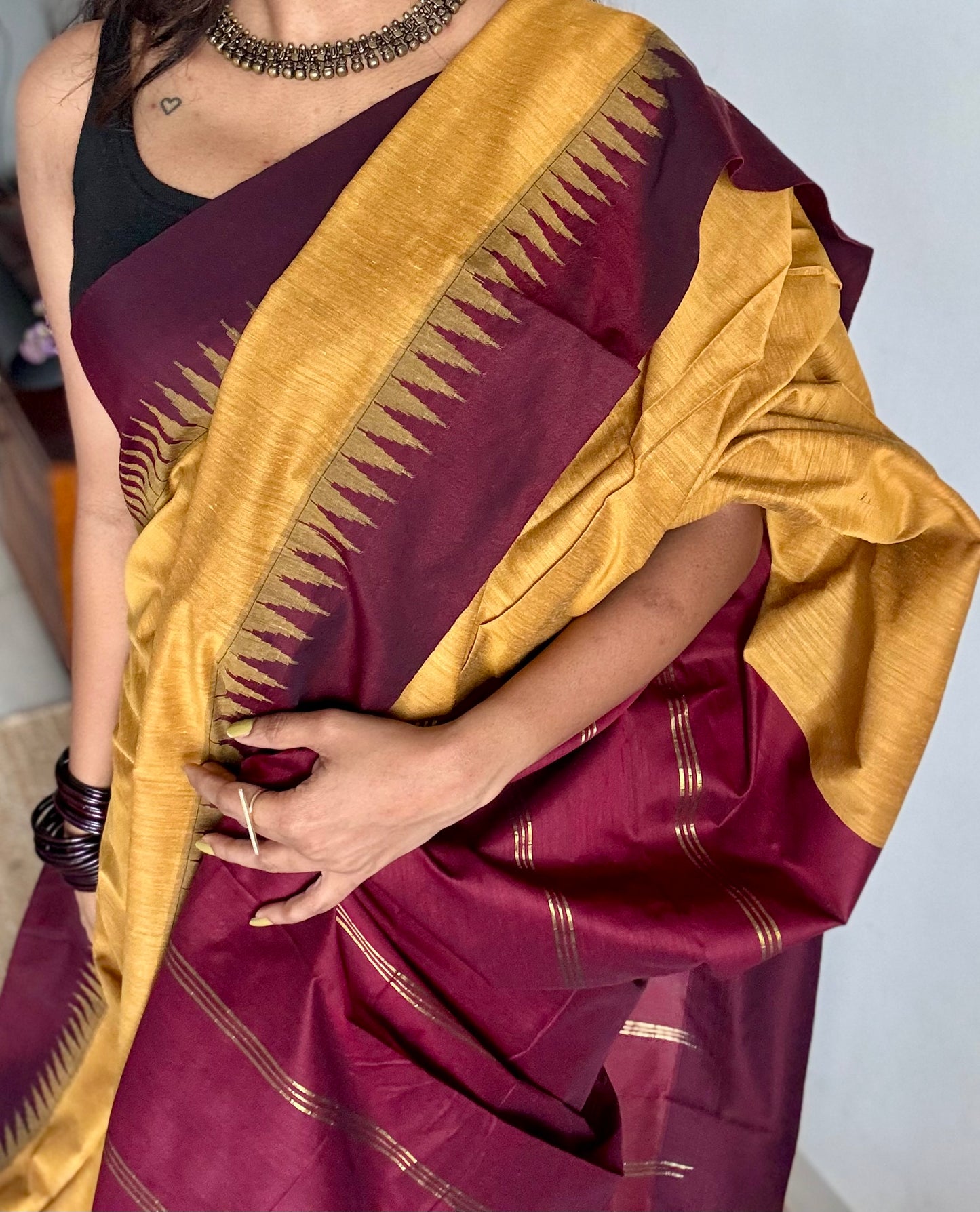 Yellow with maroon temple border, cotton silk - YCCOTNCSDE96