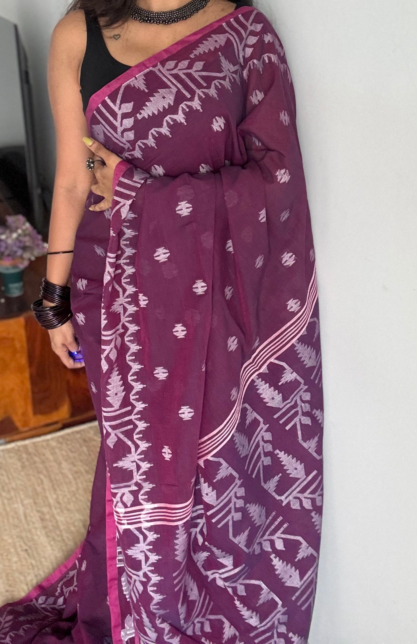 Purple double tone jamdani in soft cotton - YCBCKJJA138