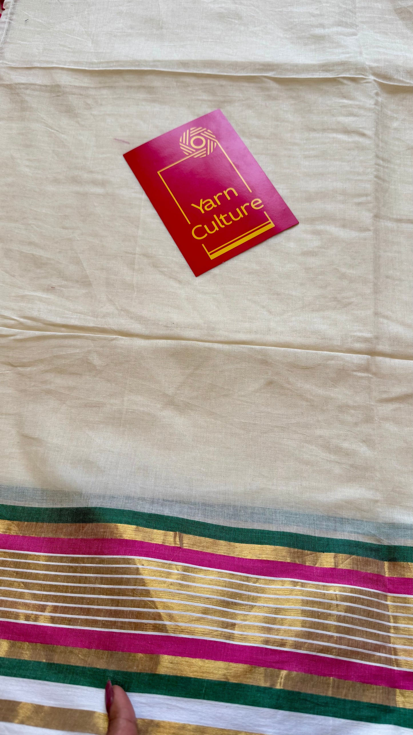 Ivory mul saree, hot pink, green and gold striped border - YCIEON14