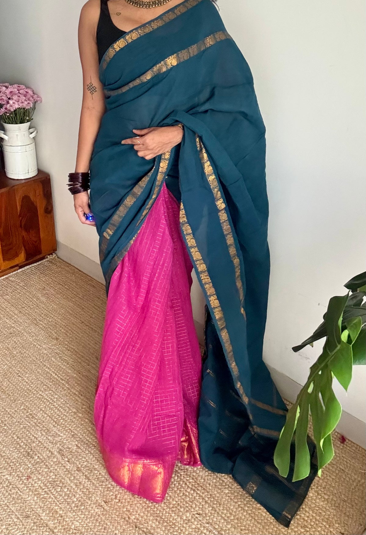 Teal with magenta, sungudi cotton half and half saree - YCCOTNIDOC156