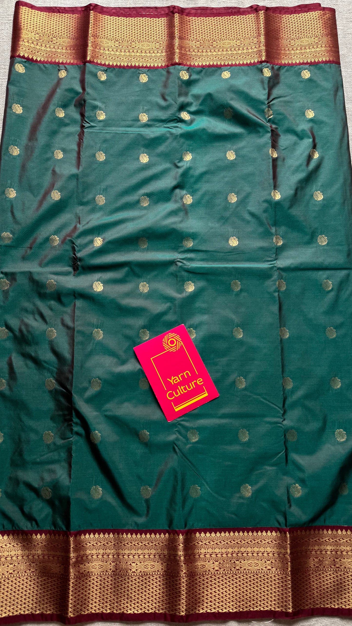 Harini - Emerald green with maroon, handloom korvai semi silk - YCCOTNFEJUKS07