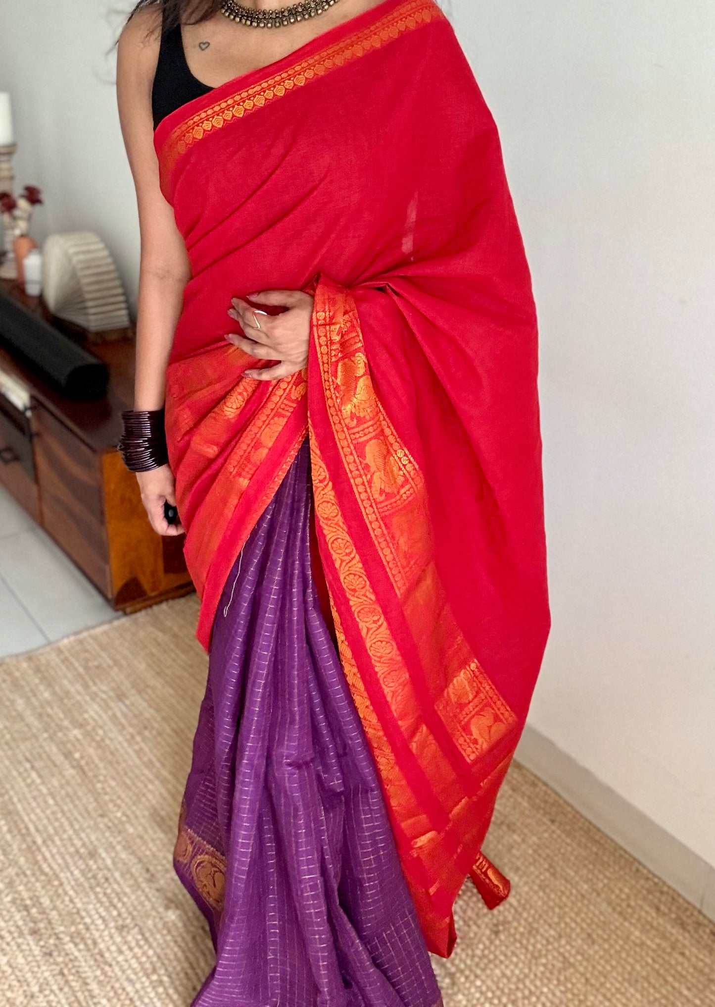 Chilli red and purple, sungudi cotton half-half saree - YCCOTNIDMA309