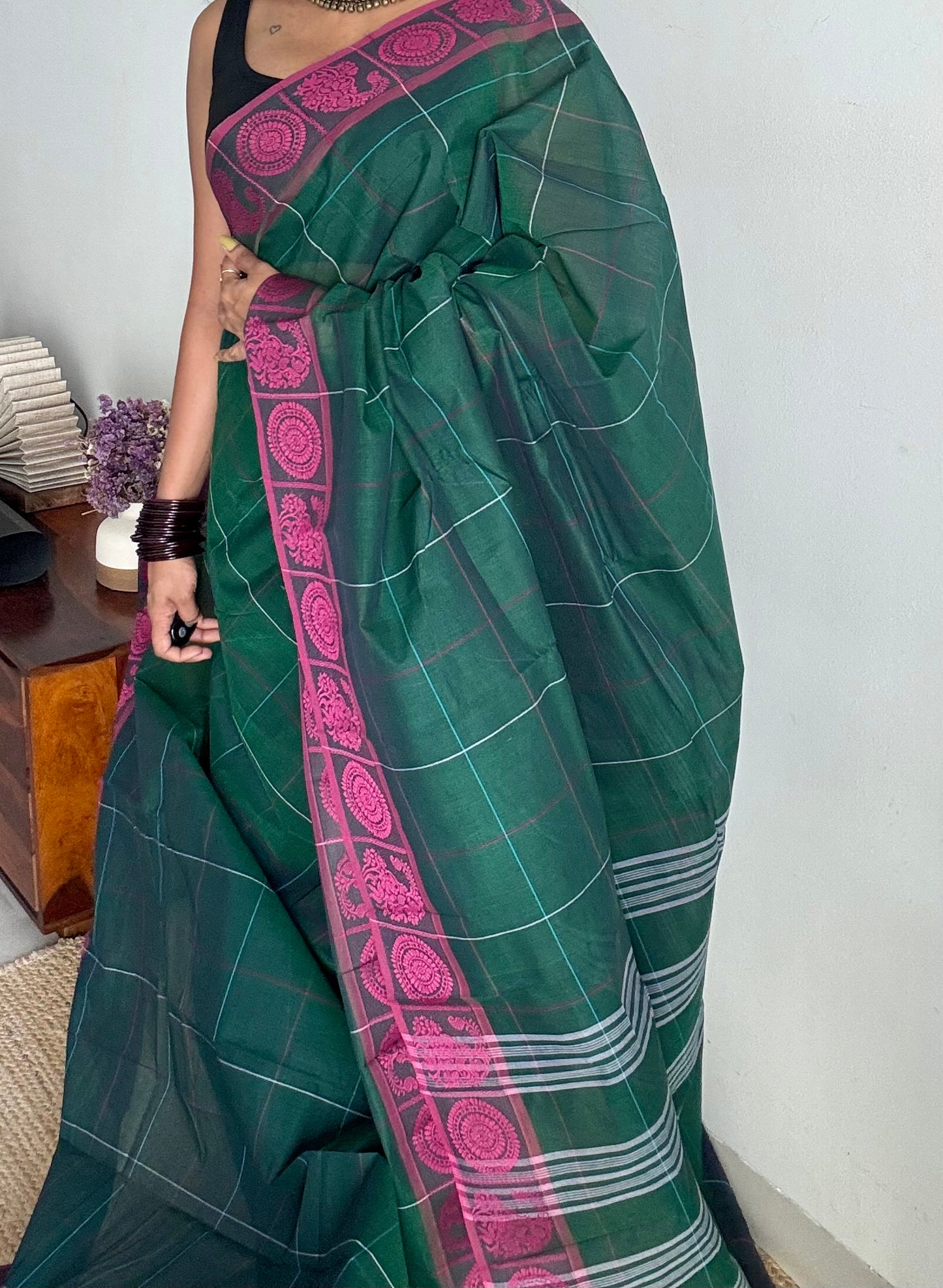 Chettinad cotton saree in dark green with pink checks, thread motif border - YCCOTNJUCC05