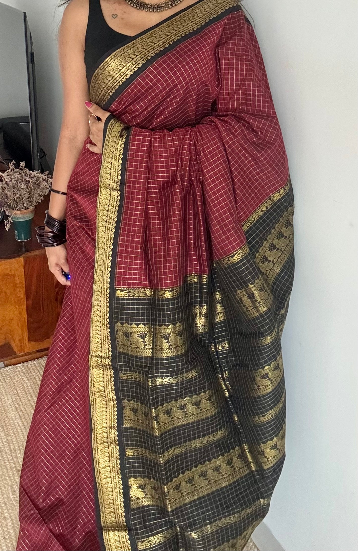 Maroon with black, checks - cotton silk - YCCOTNOCKC43