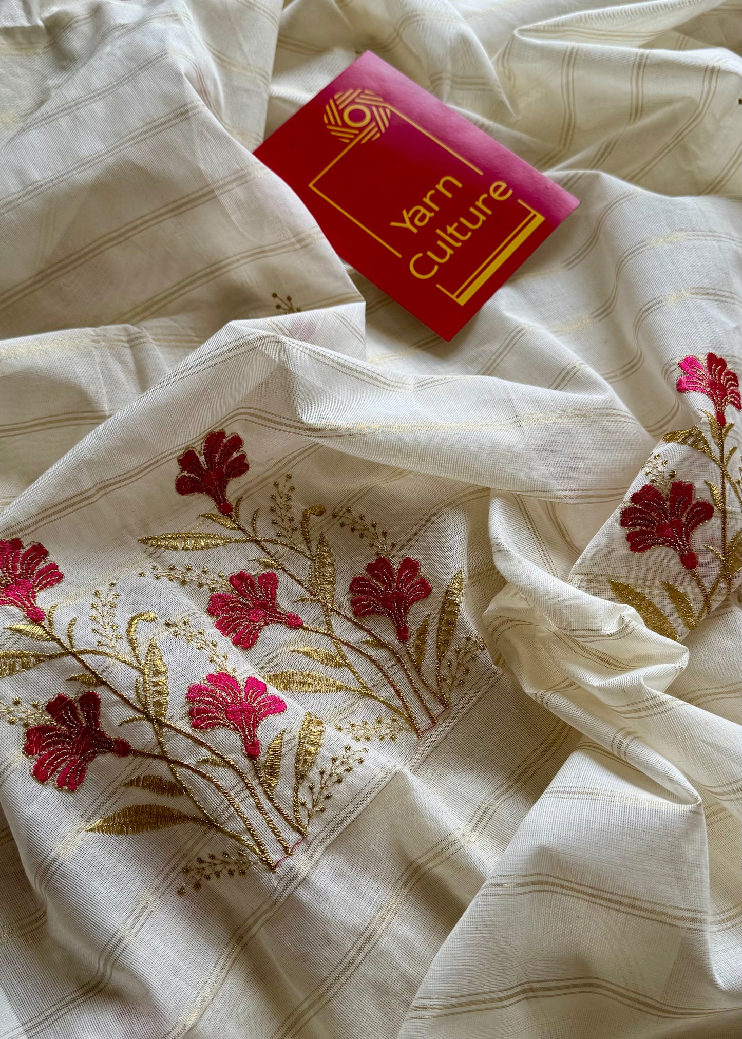 Ivory and gold soft cotton saree, hot pink floral embroidery  - YCIEON54