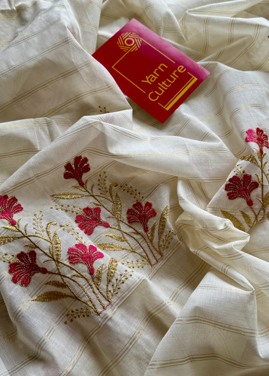Ivory and gold soft cotton saree, hot pink floral embroidery  - YCIEON54