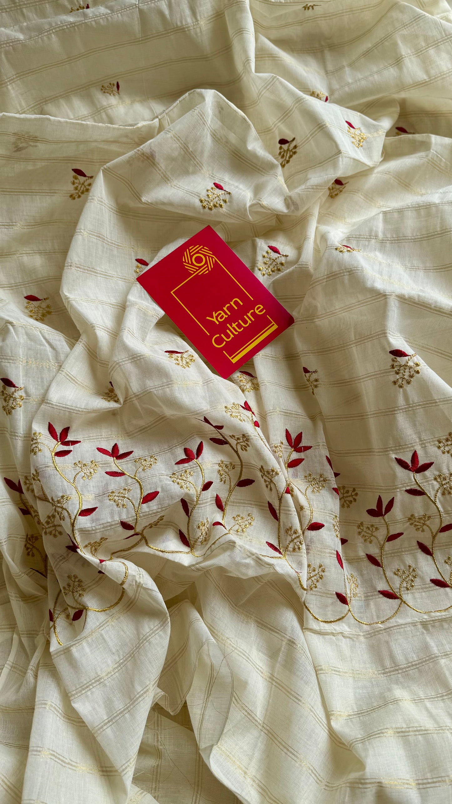 Ivory and gold soft cotton saree, maroon floral vine embroidery  - YCIEON58