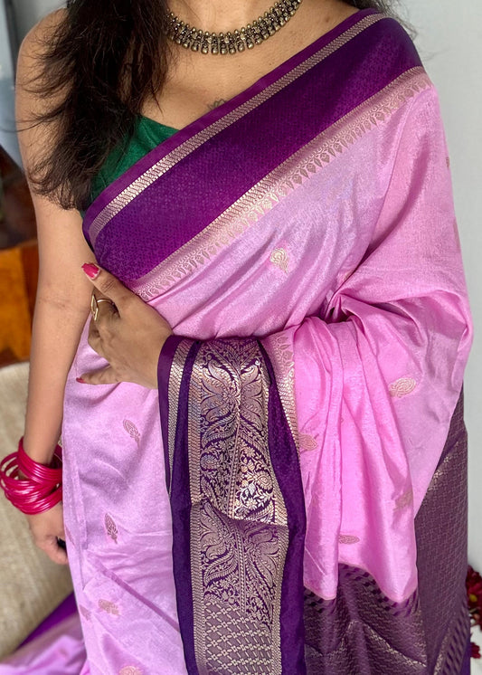 Pink with purple border, Banarasi semi-silk - YCDESE04