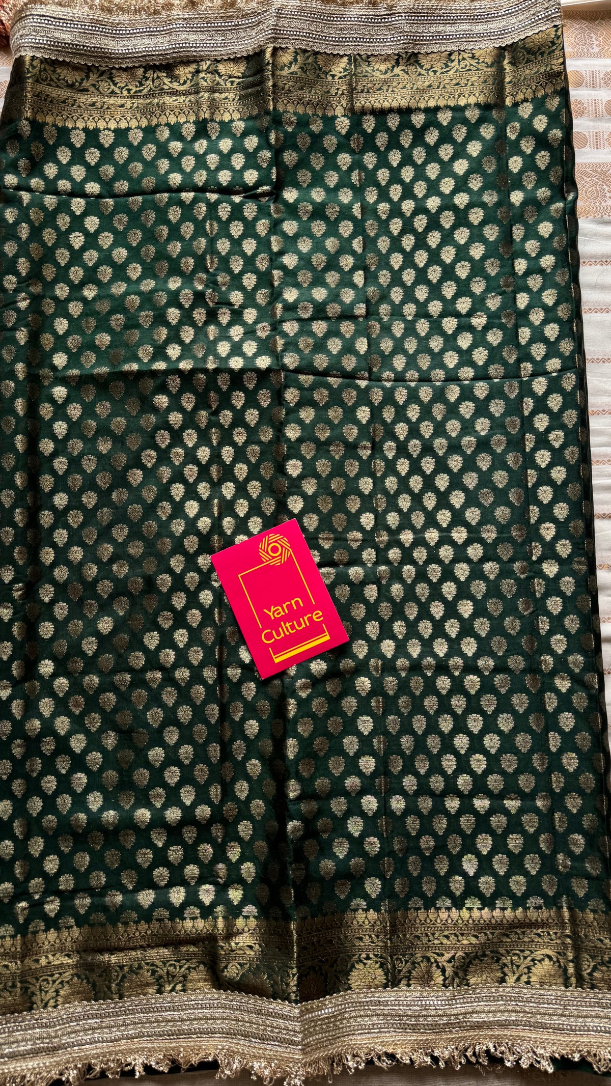 Dark green Banarasi semi-georgette saree with embellished lace border - YCBLTOC75