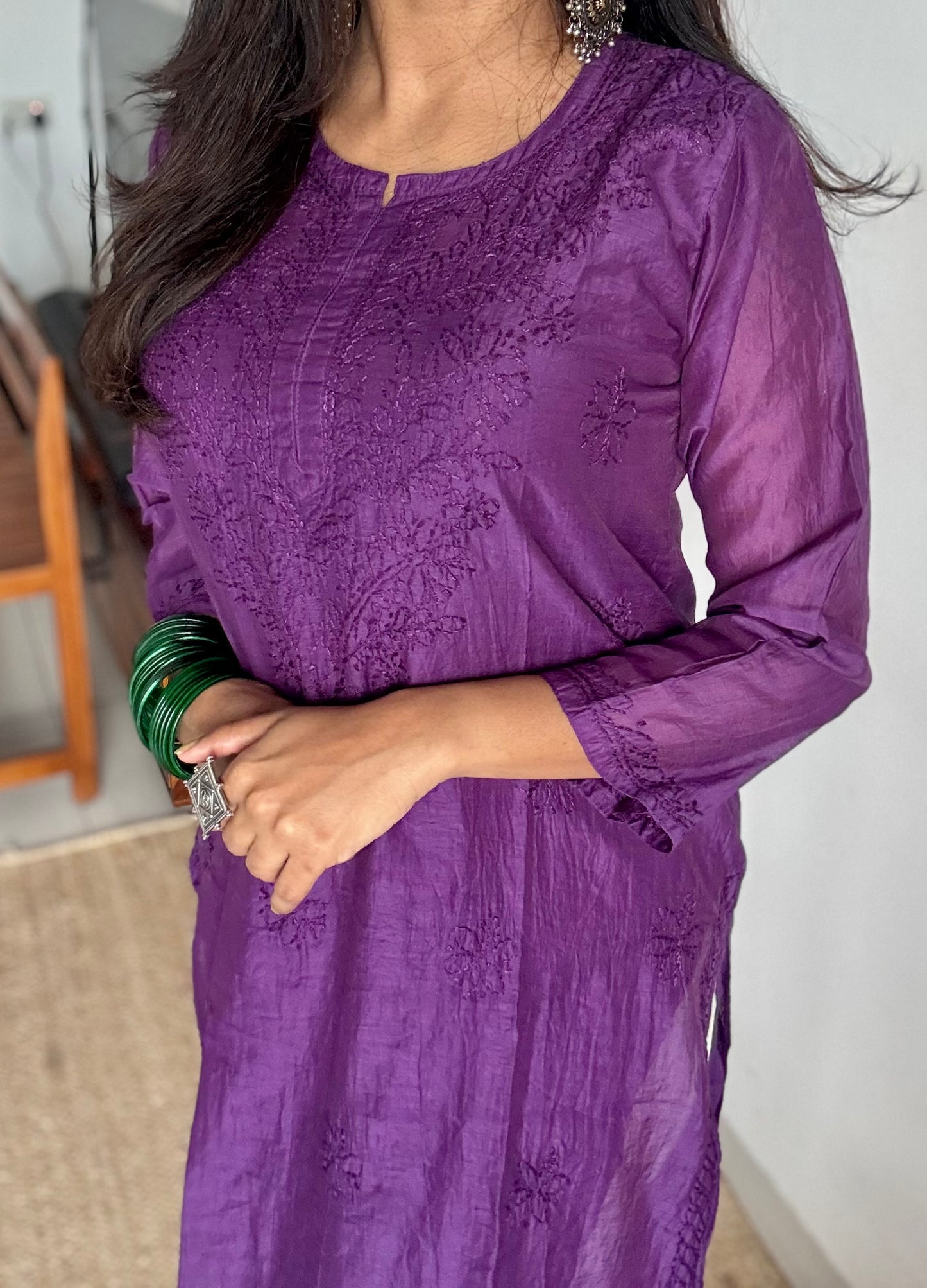 Purple muslin chanderi chikankari with bakhiya work, stitched kurta, round neck, three fourth sleeves - YCSECK25