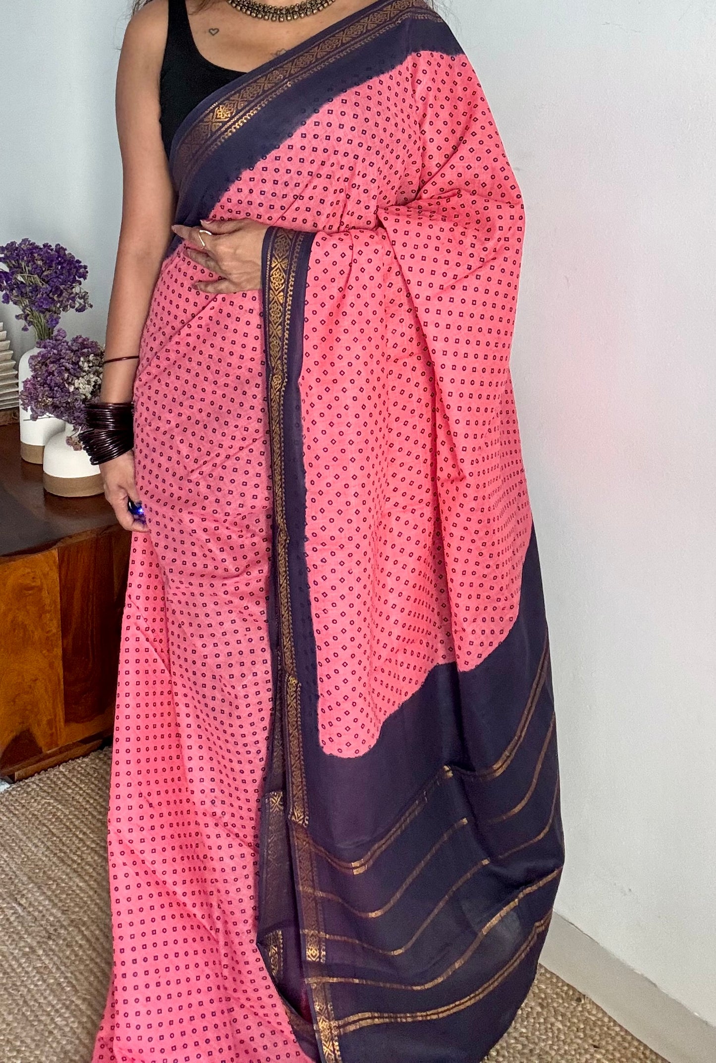 Peach pink with navy blue contrast, kattuchayam dyed madurai cotton saree - YCCOTNMA250