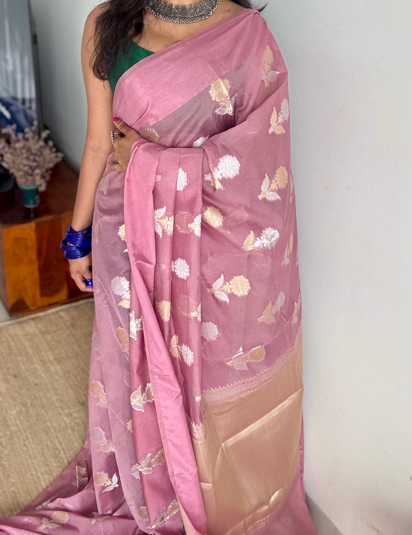 Dusty pink with gold and silver floral buttas, Banarasi semi-crepe silk - YCDESE46