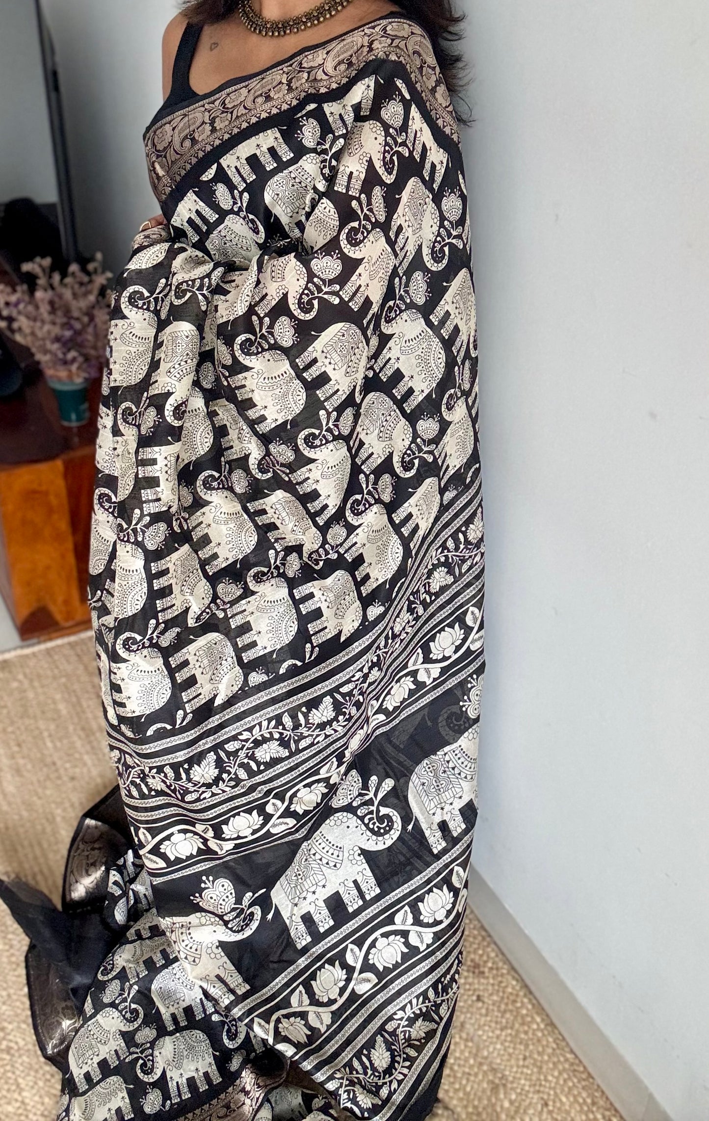 Black and white, printed kalamkari, elephant motif, semi-tussar - YCWOTDSTK04