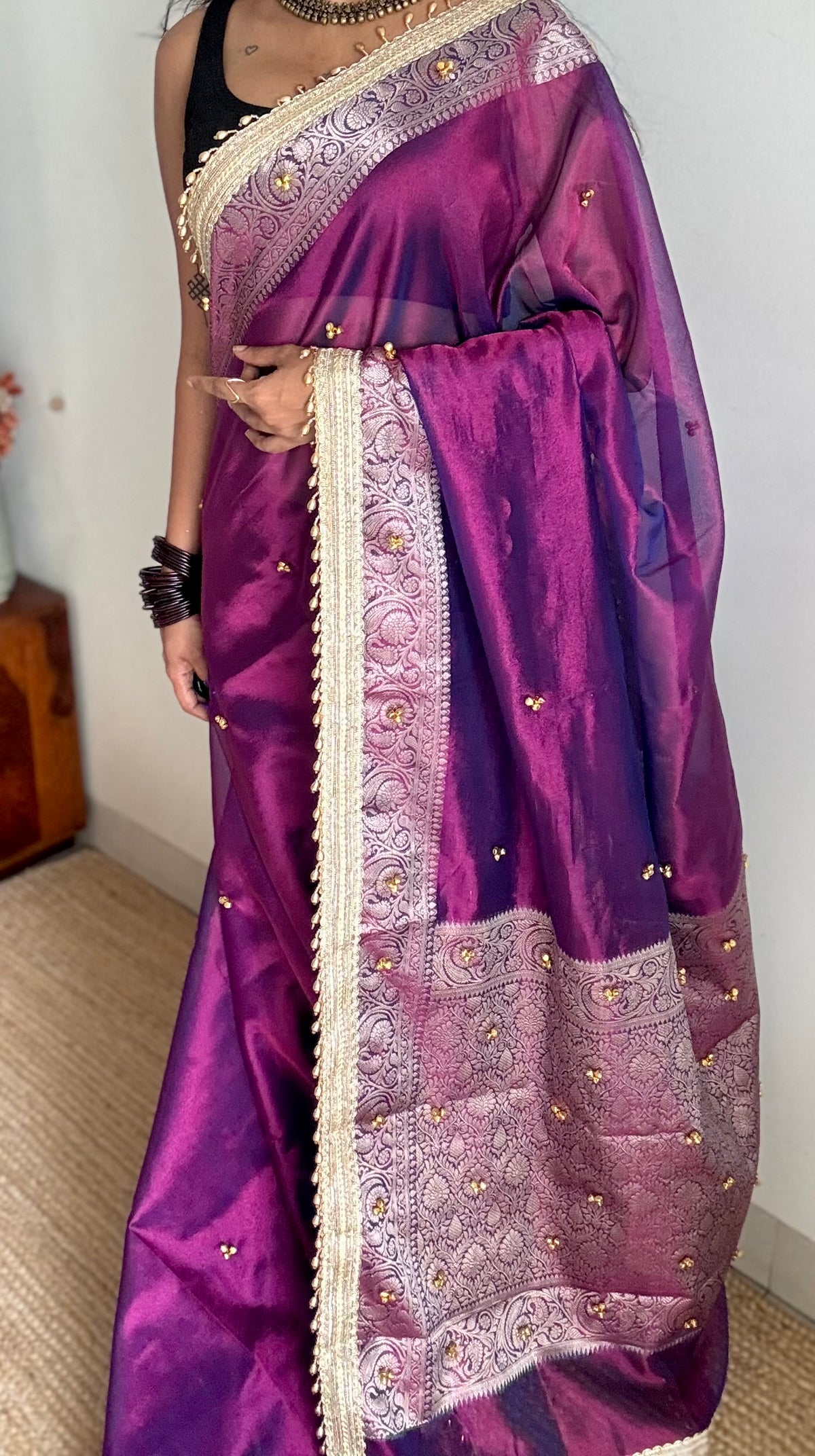 Purple gold tissue Banarasi saree with ghungroo embellishments and beaded lace border - YCBLTOC67