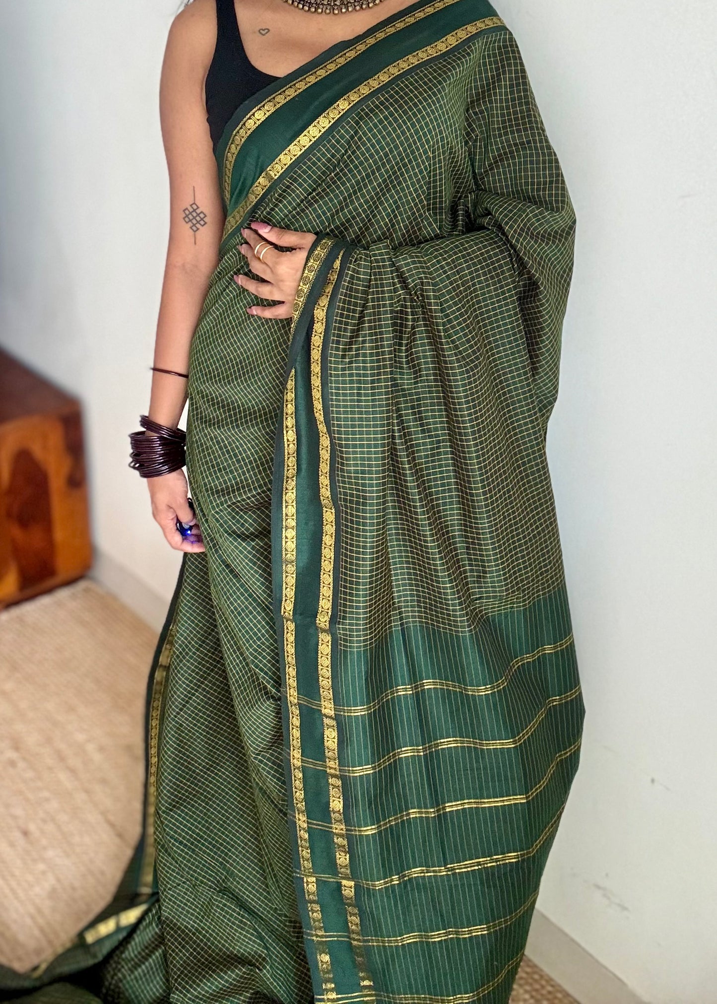 Dark green, arani checks saree, cotton silk - YCCOTNAUG18