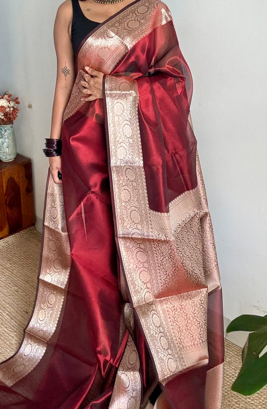 Dark red tissue Banarasi saree with zari border - YCBLTOC84