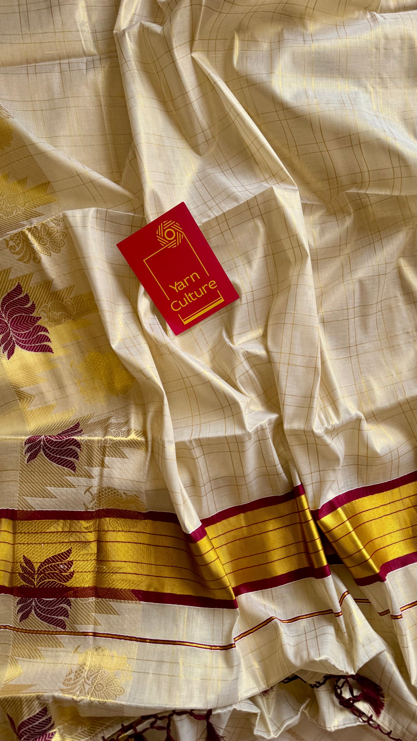 Ivory and gold kerala kasavu saree, maroon lotus motif border - YCIEON48