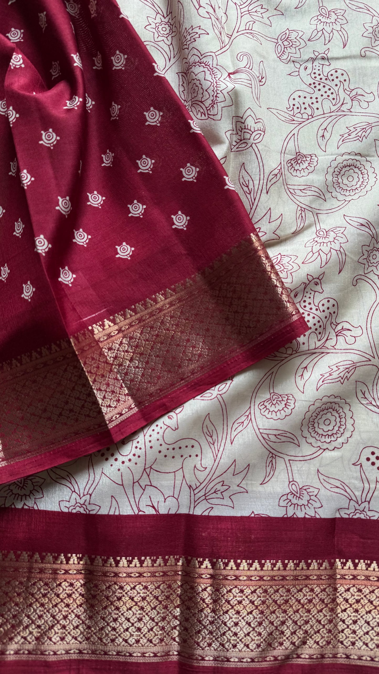 White and red contrast, printed kalamkari, semi-tussar - YCWOTDSTK01