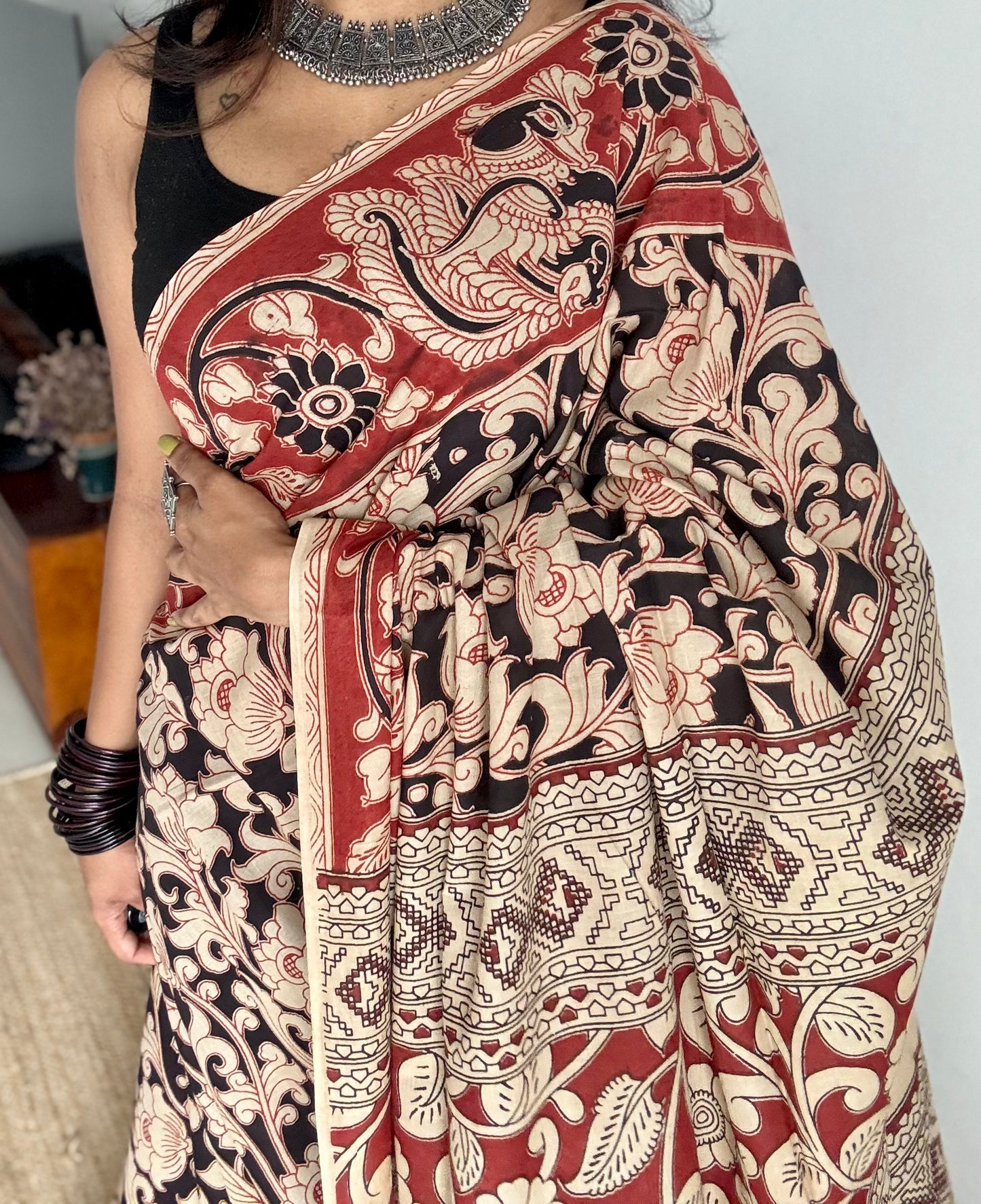 Black with beige and brick red kalamkari, floral vines, soft cotton - YCWOTDOCMP85