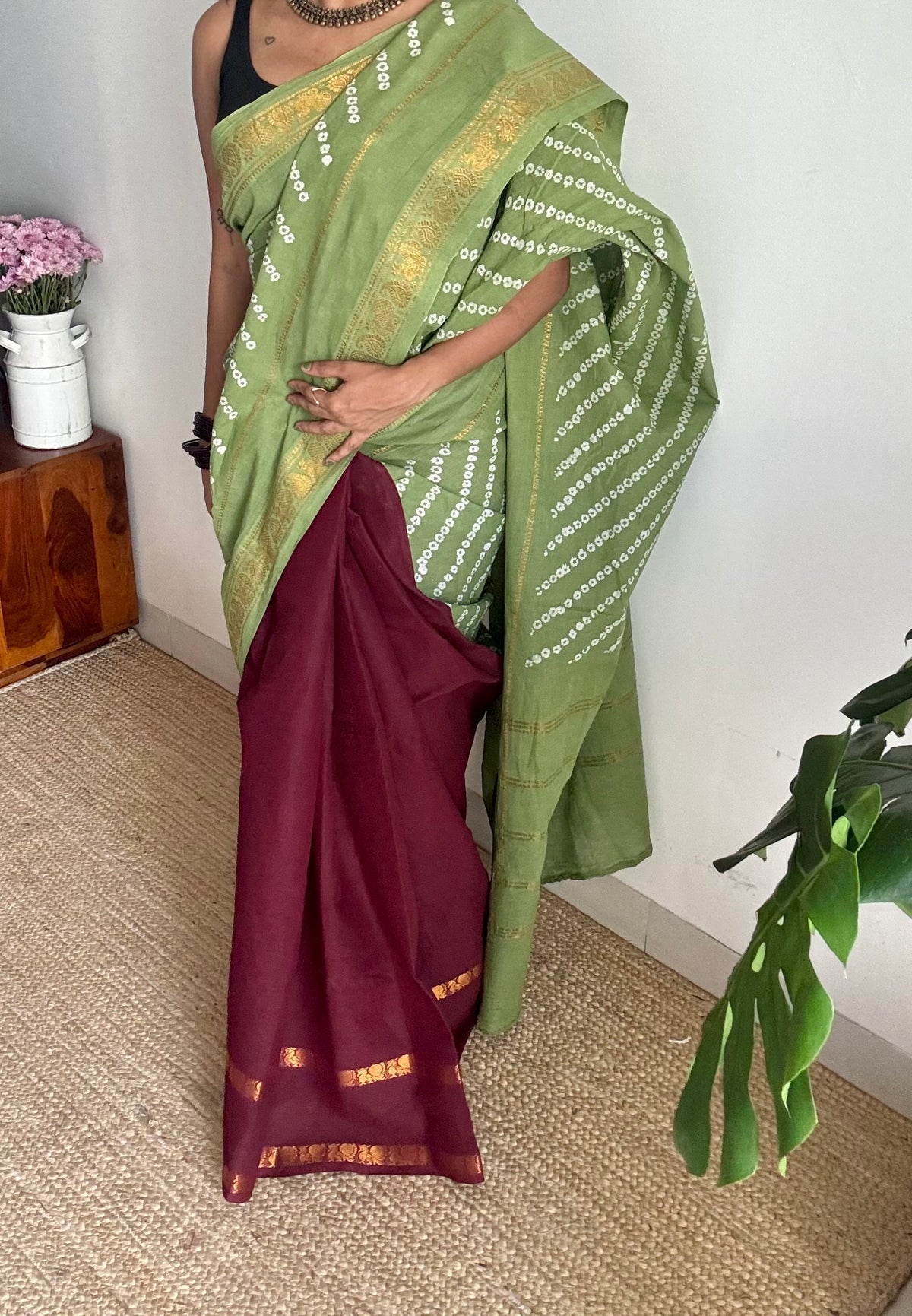Pista green with maroon, cotton half and half saree - YCCOTNIDOC140